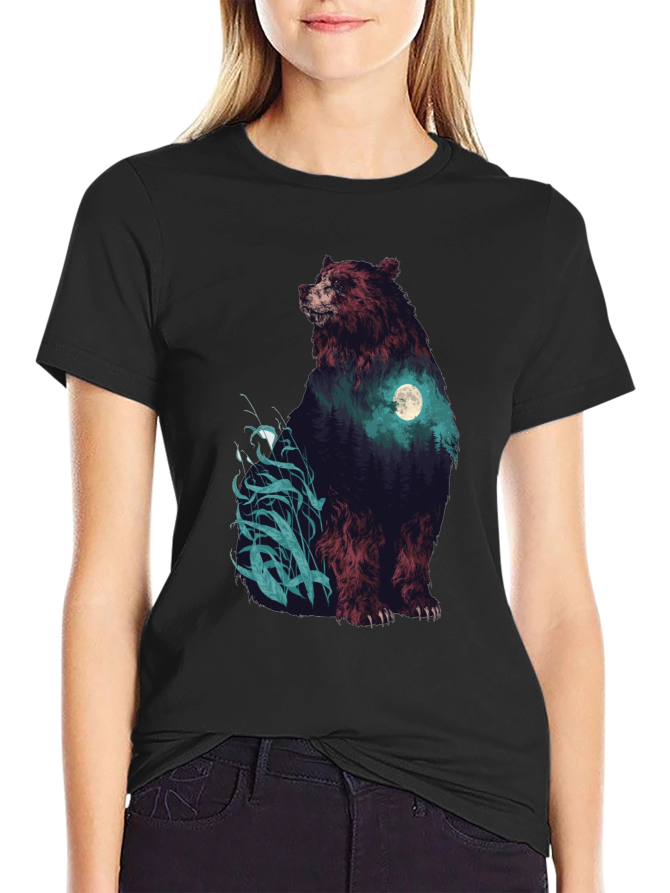 Black Bear Forest Moon Graphic T-Shirt view 2