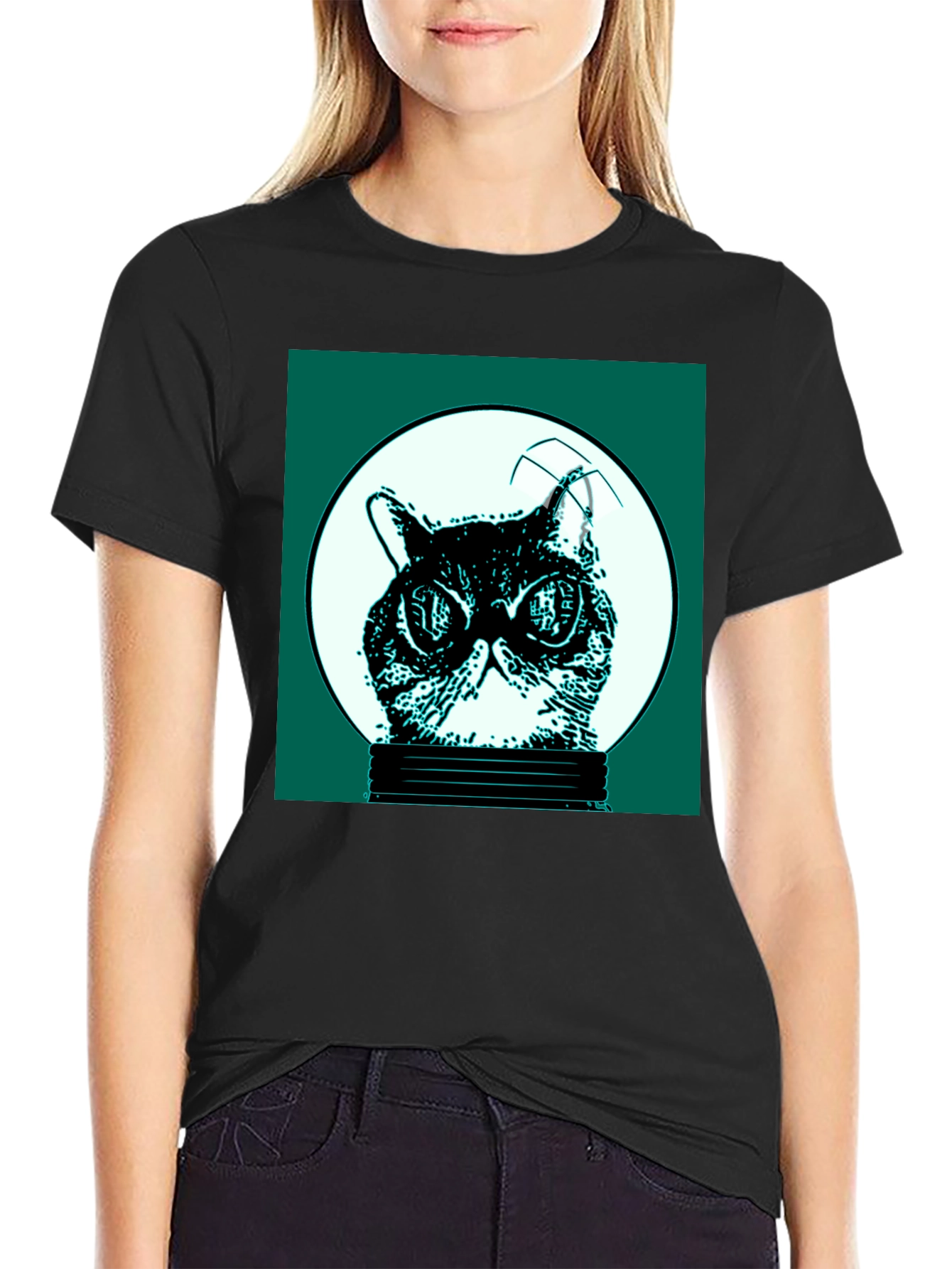 Black Cool Cat in Bulb Graphic Tee view 2