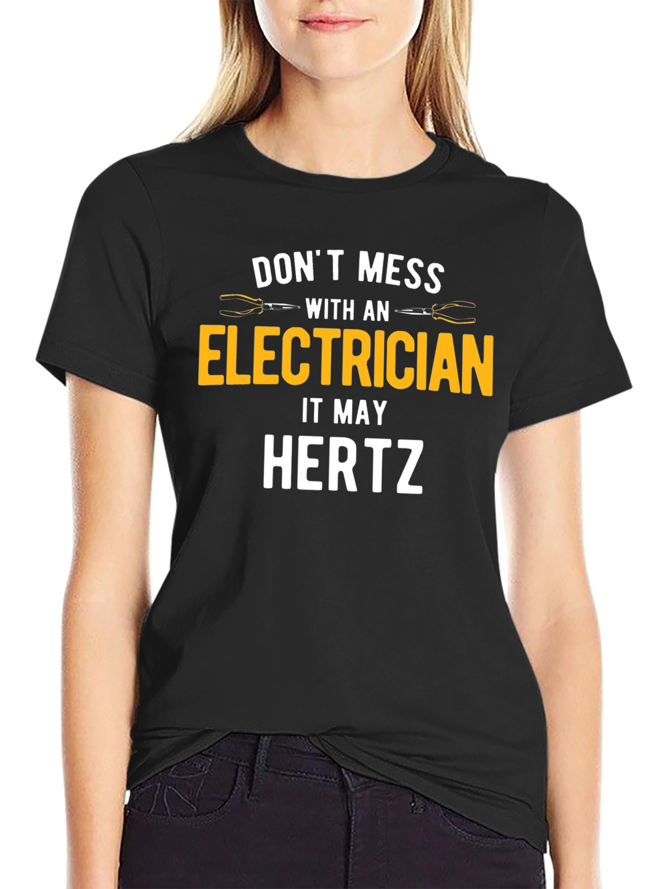 Black Electrician Humor T-Shirt - Don't Mess With An Electrician, It May Hertz view 2
