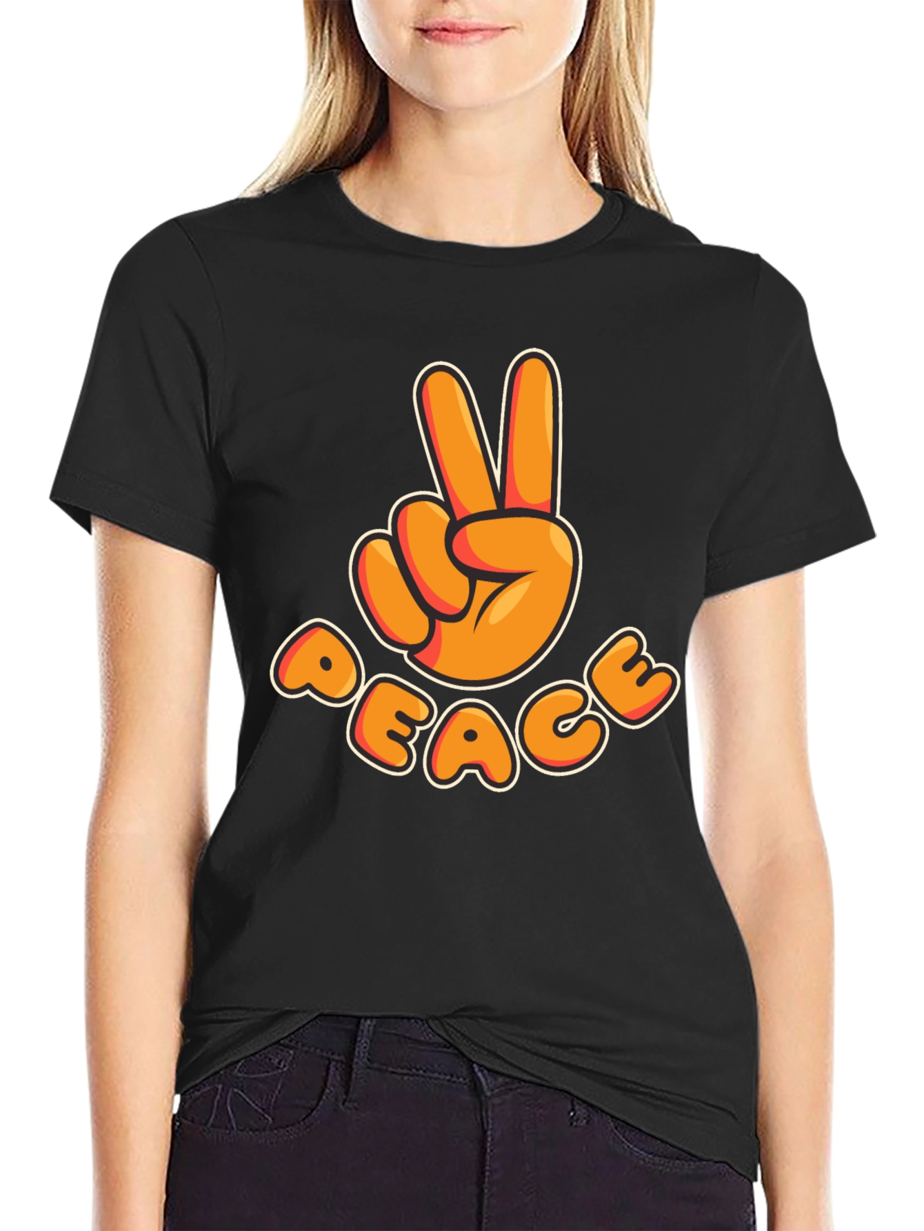 Black Peace Sign T-Shirt - Retro Cartoon Design view 2