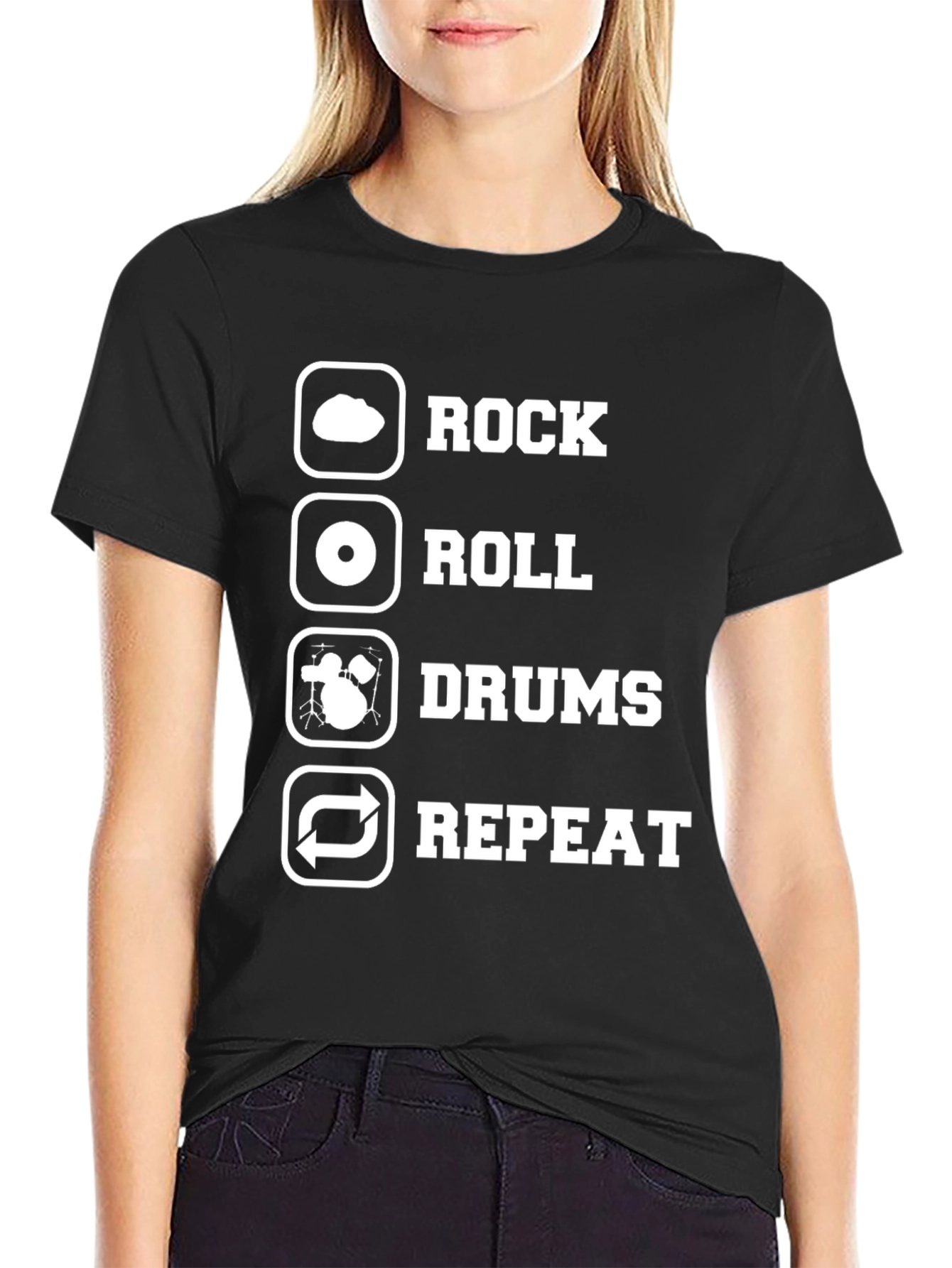 Black Rock Roll Drums Repeat T-Shirt - Musician Gift view 2
