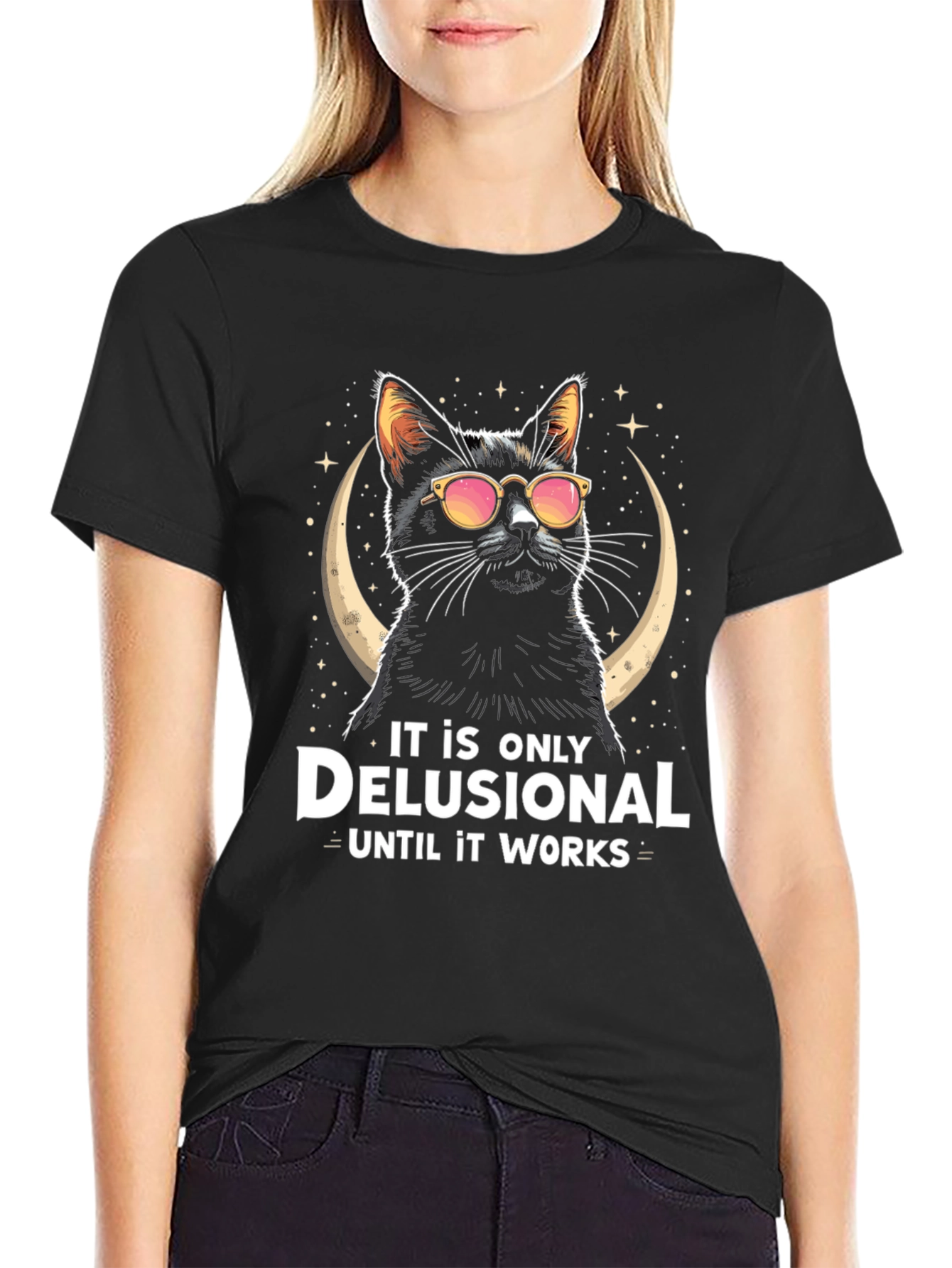 Black Delusional Cat T-Shirt - Funny Novelty Tee view 2