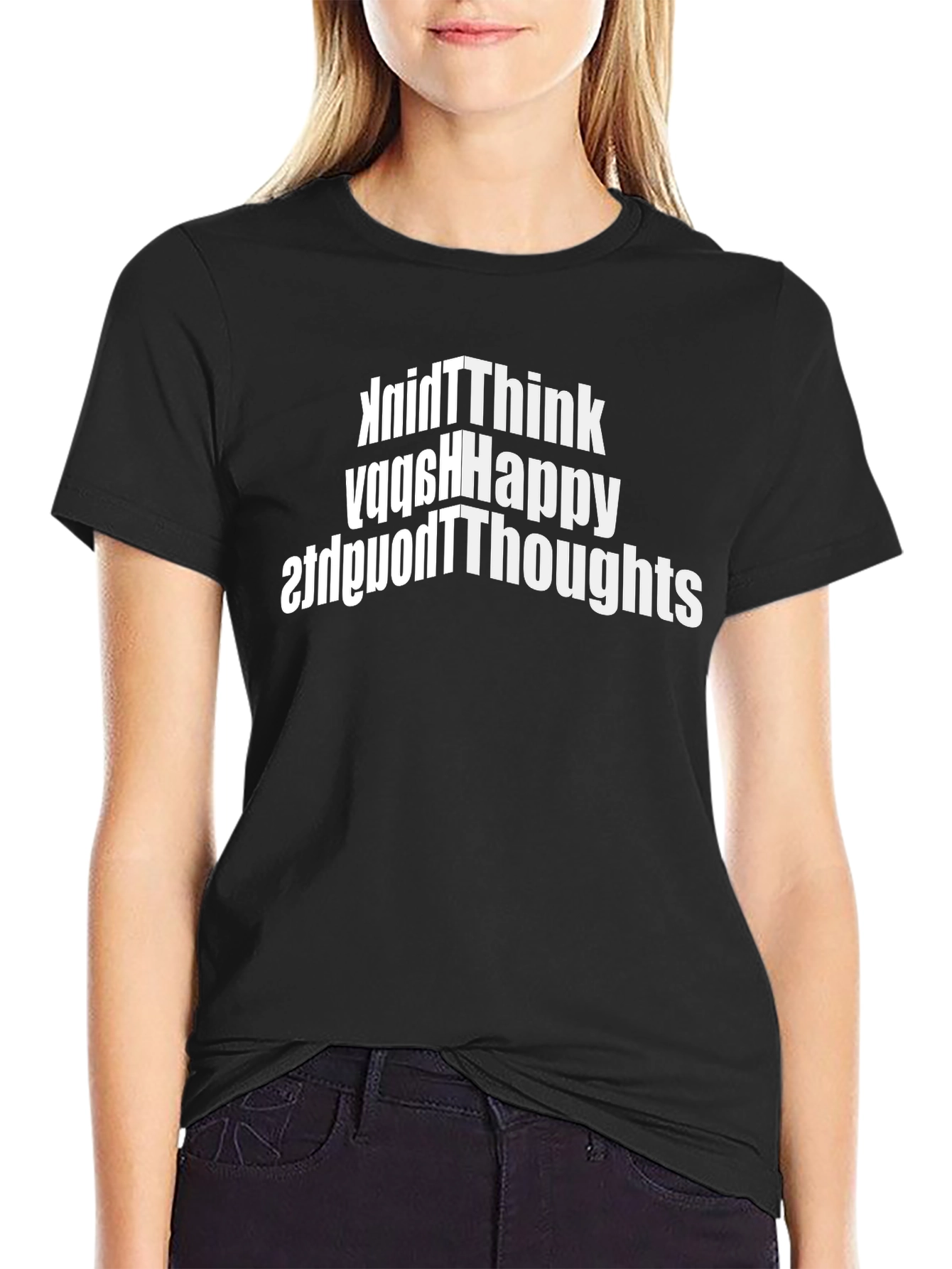 Black Don't Think Happy Thoughts Black Graphic Tee view 2