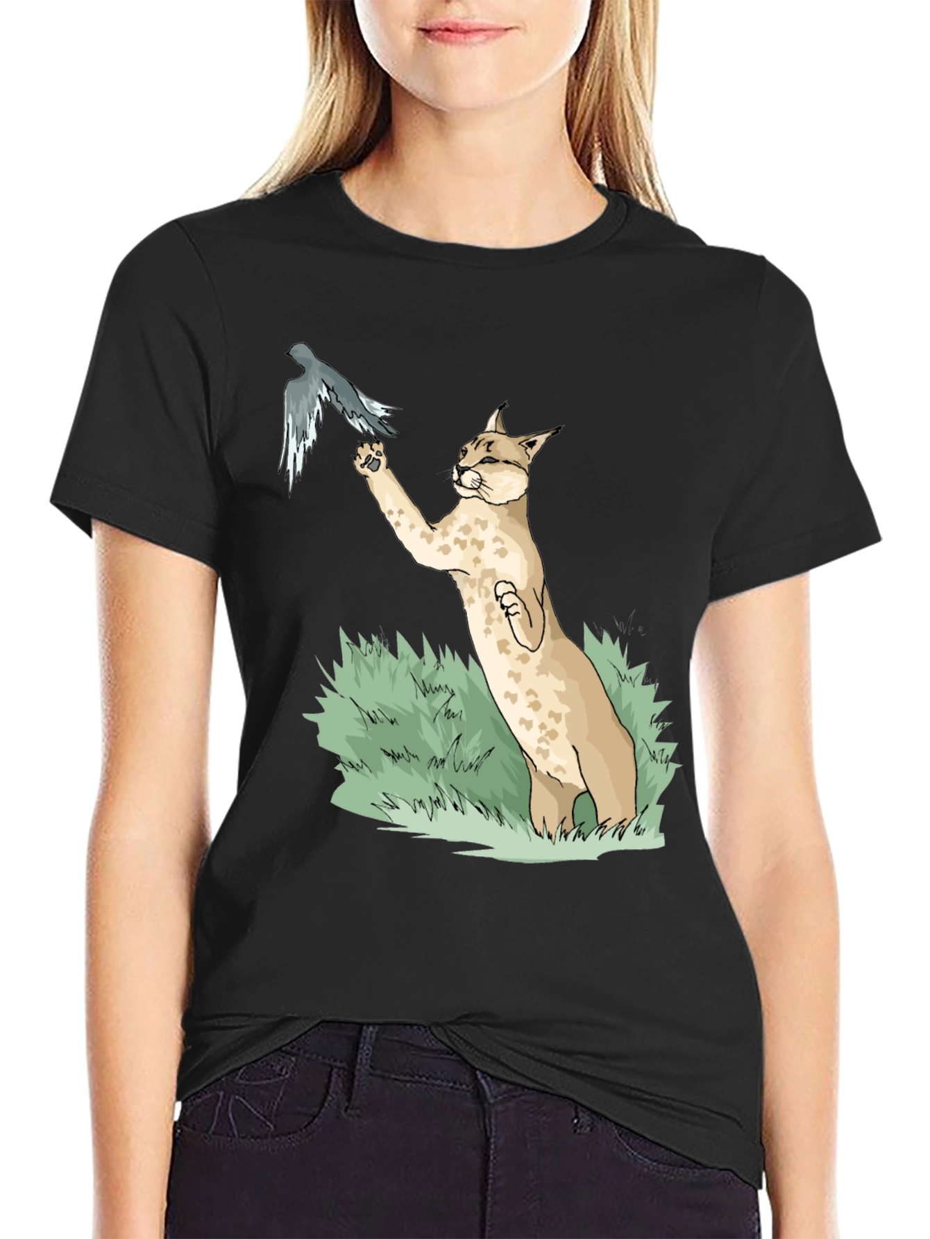 Lynx & Bird Graphic Tee - Black Cotton Blend T-Shirt - 2