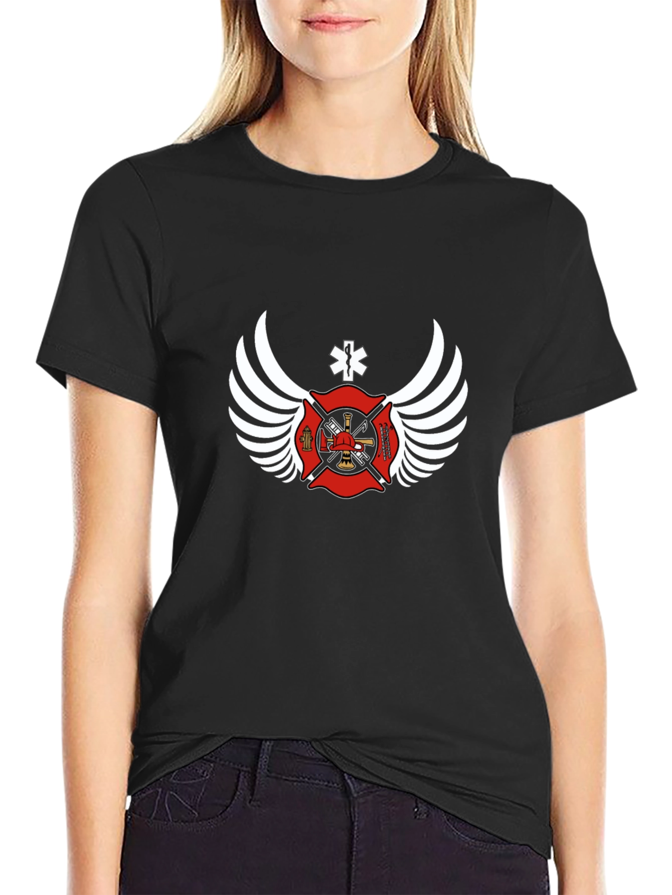 Black Firefighter Wings Graphic T-Shirt view 2