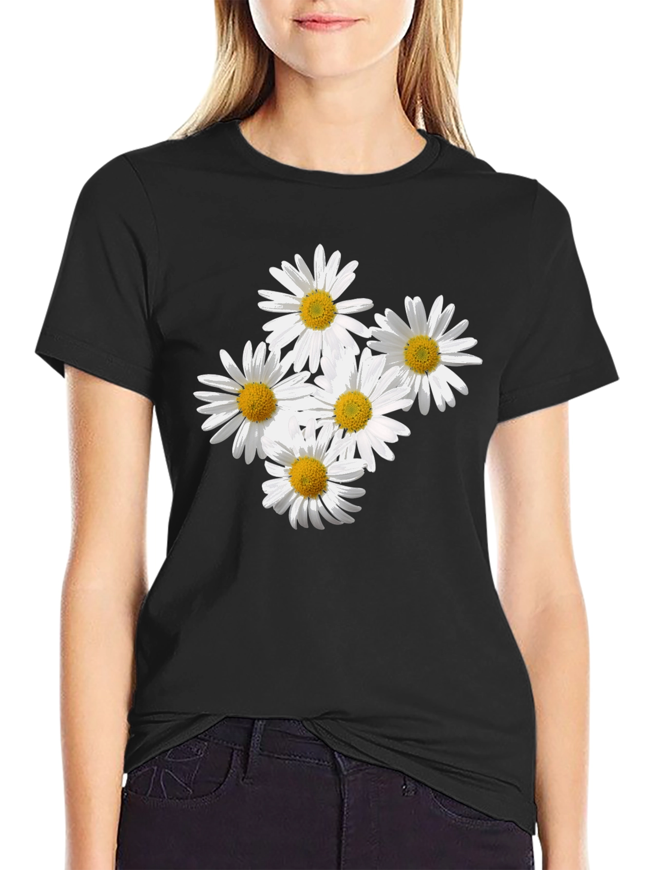 Black Daisy Flower Graphic Black T-Shirt view 2