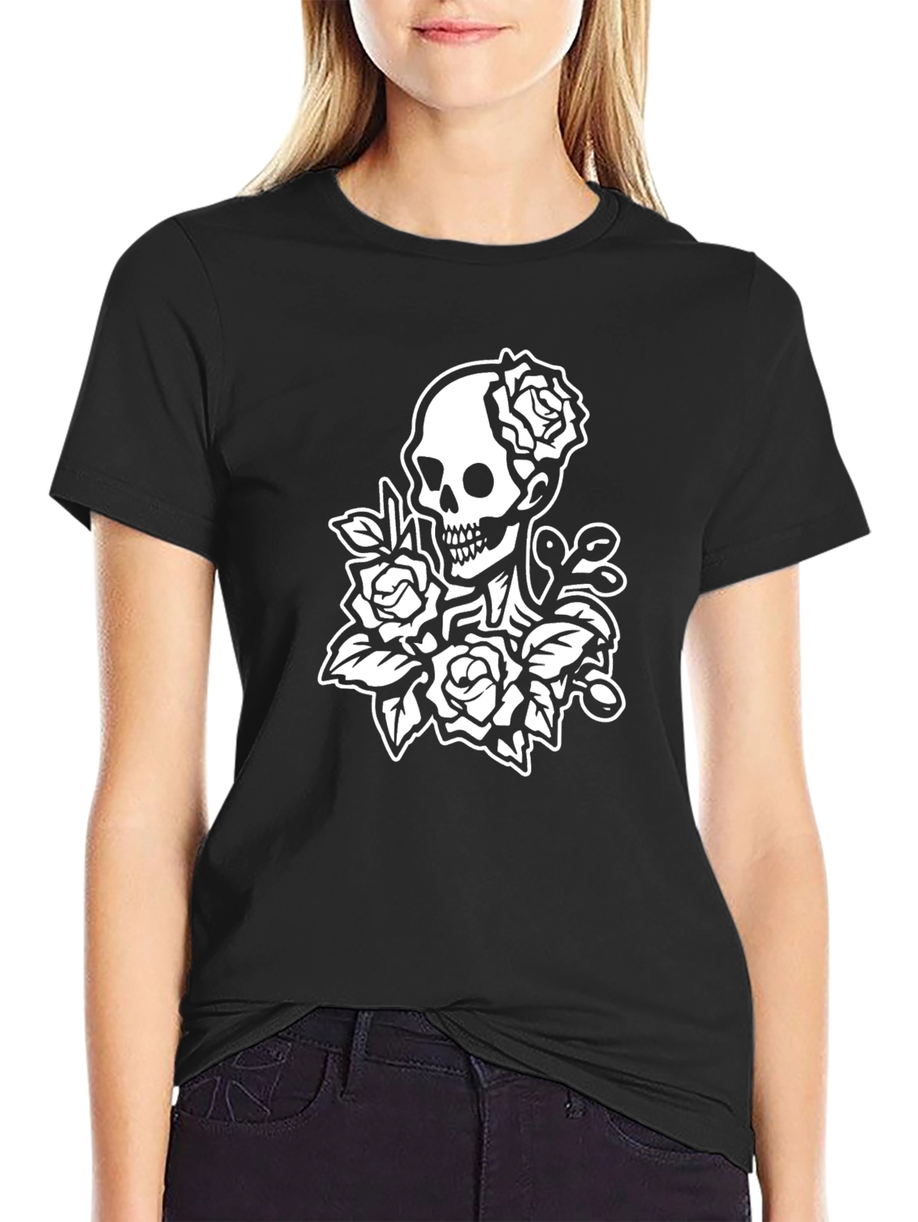 Black Skull and Roses Graphic Tee view 2
