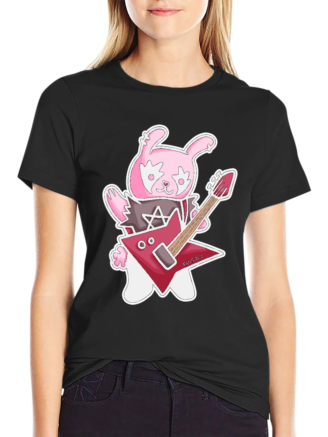 Black Rockstar Rabbit Graphic T-Shirt - Black Cotton Tee view 2
