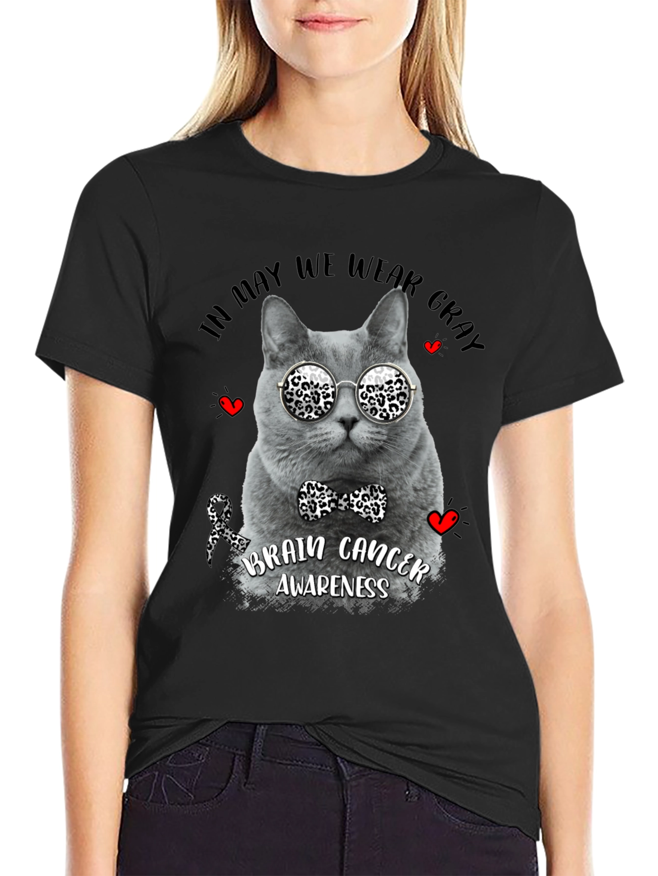 Black Gray Cat Brain Cancer Awareness T-Shirt view 2