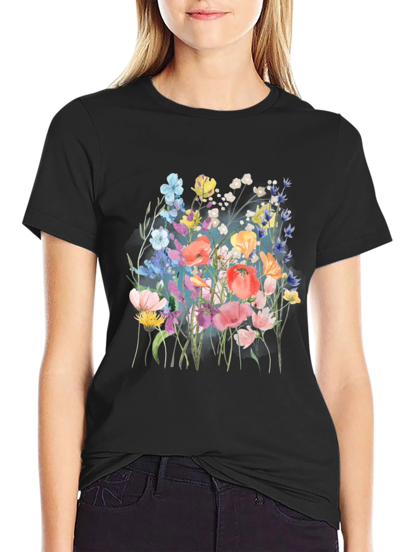 Black Floral Print Black T-Shirt view 2