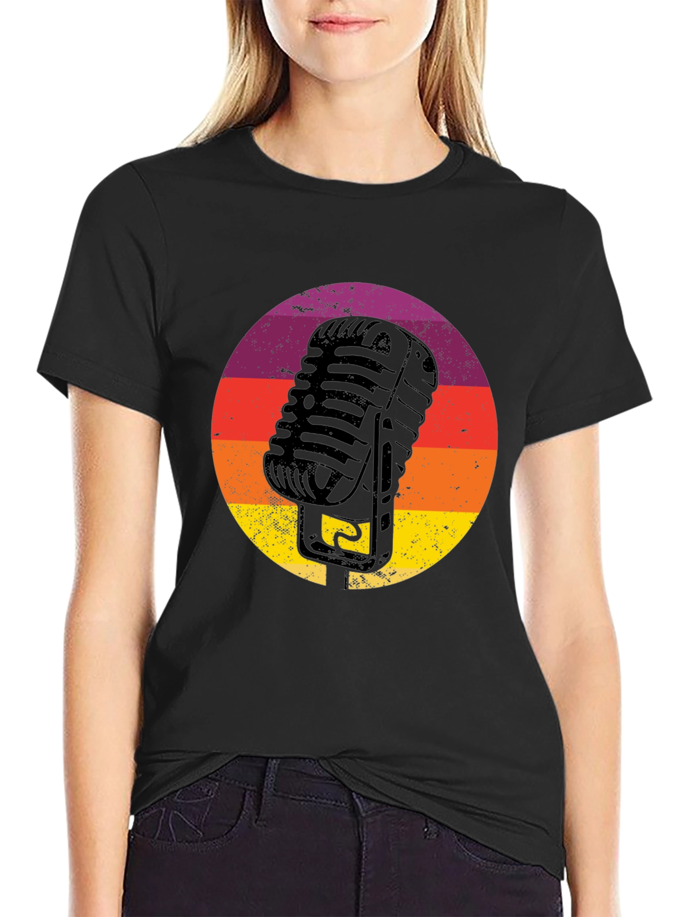 Black Retro Microphone T-Shirt - Vintage Vocal Style view 2