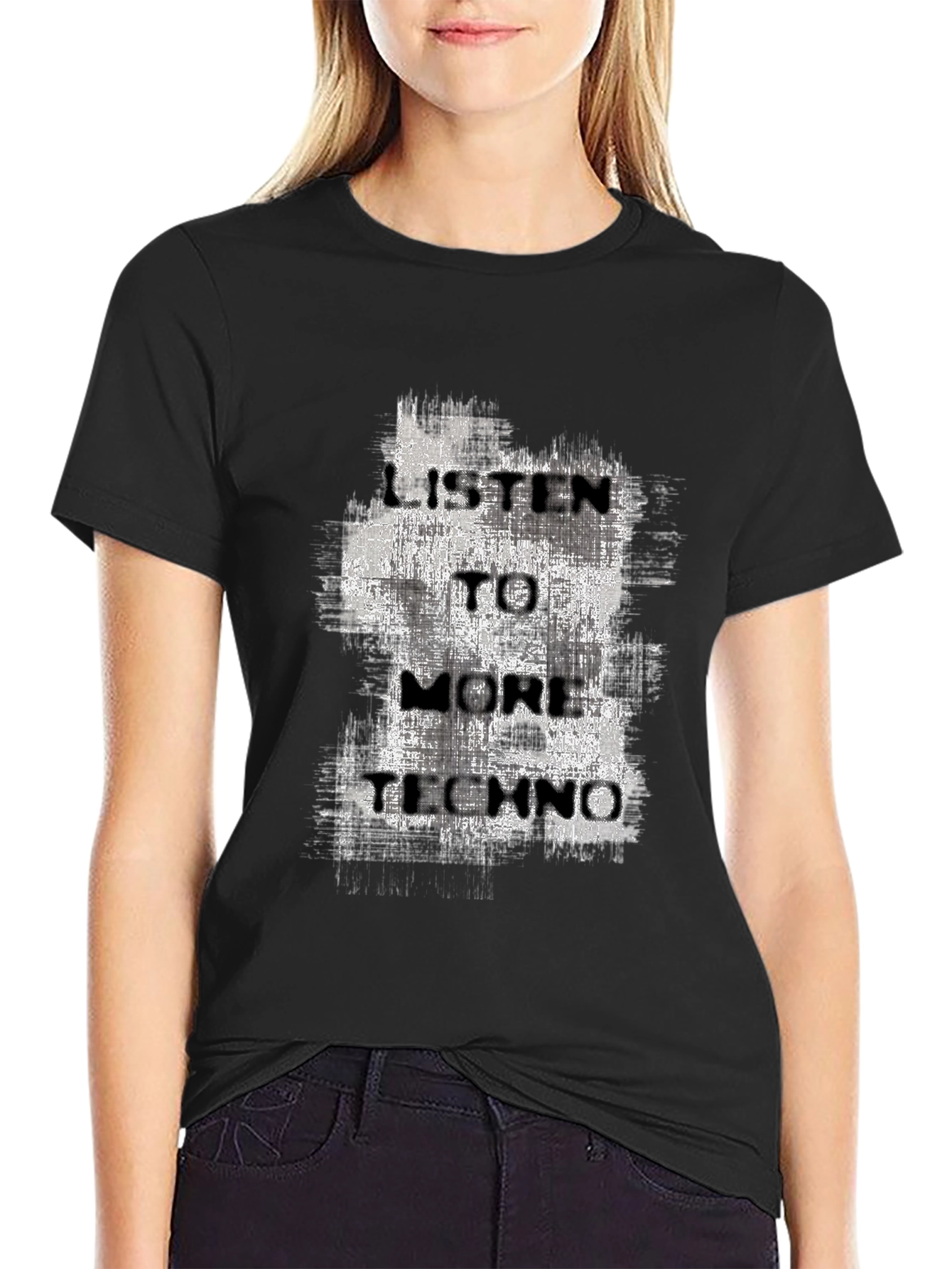 Black Listen To More Techno Graphic Tee - Black Cotton T-Shirt view 2