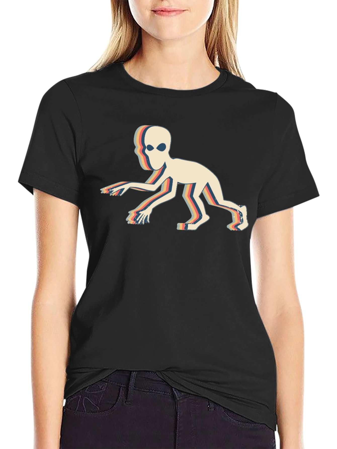 Black Retro Alien Crawl T-Shirt - Vintage Sci-Fi Design view 2