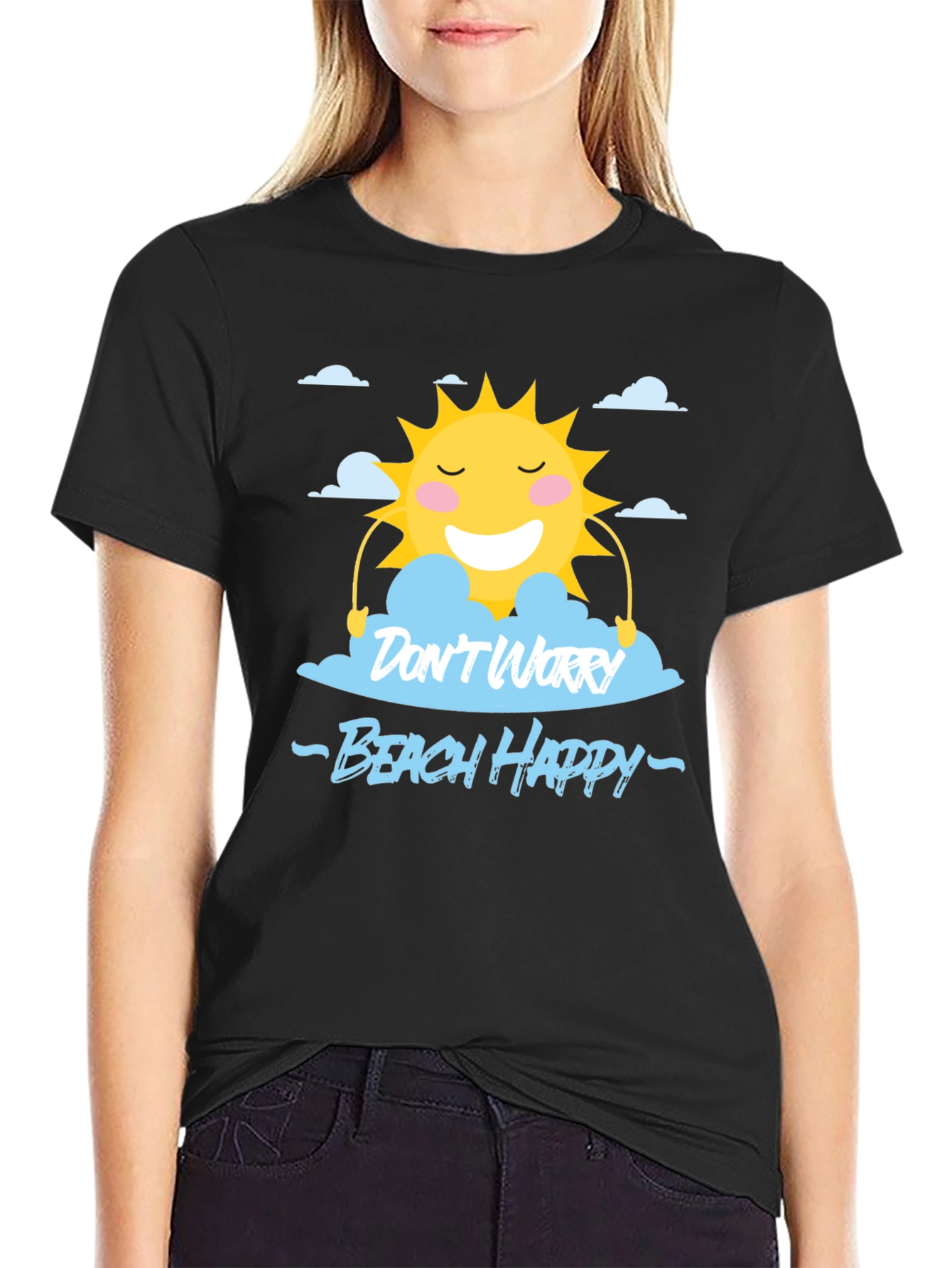 Black Don't Worry Beach Happy Black T-Shirt view 2