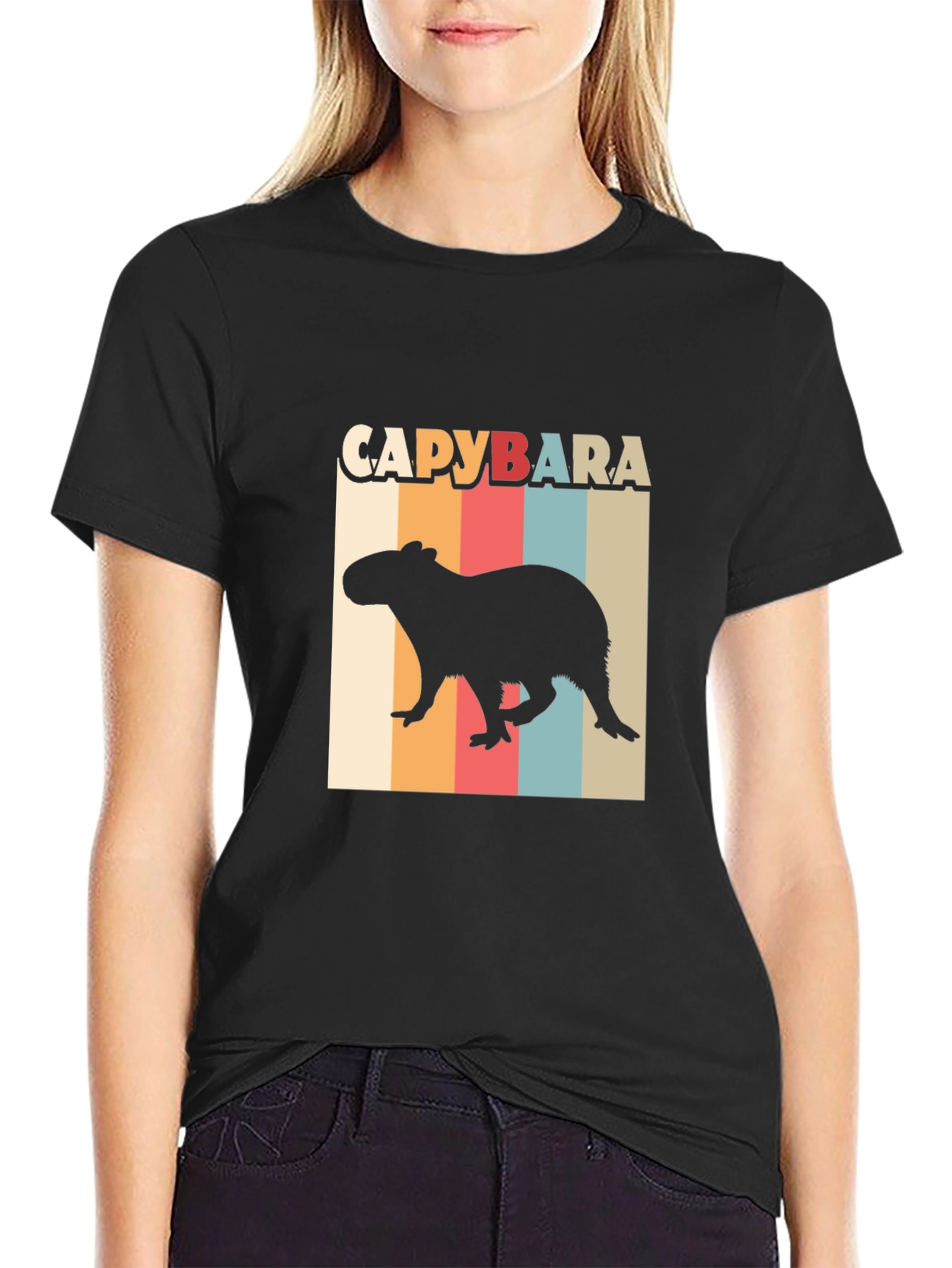 Black Capybara Retro Style T-Shirt view 2