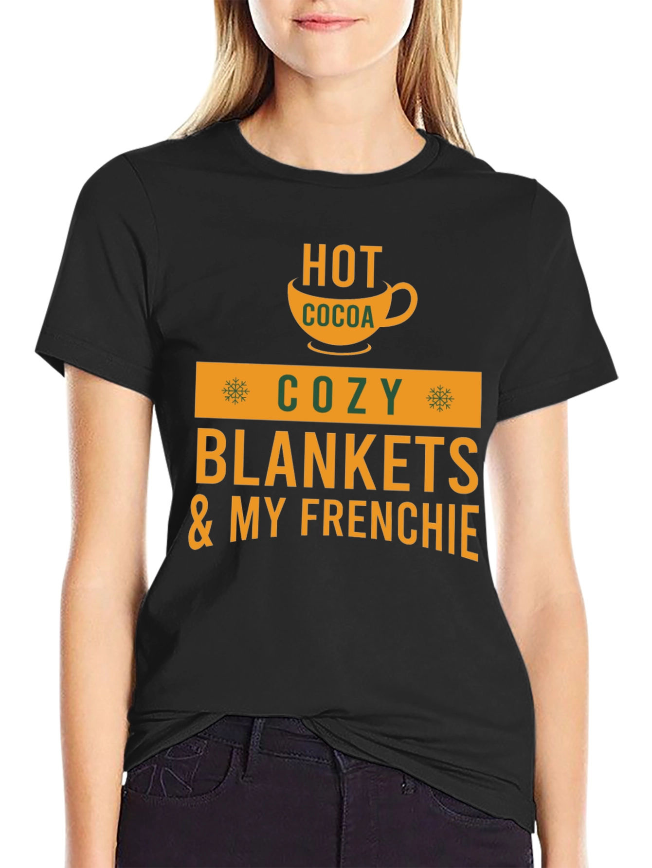 Black Cozy Season T-Shirt: Hot Cocoa & Frenchie view 2