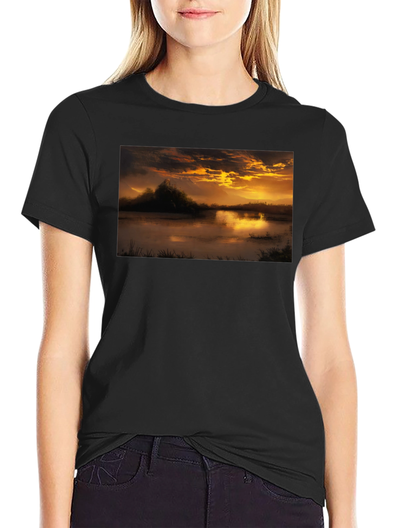 Black Sunset Lake Graphic Tee - Black Cotton Blend view 2