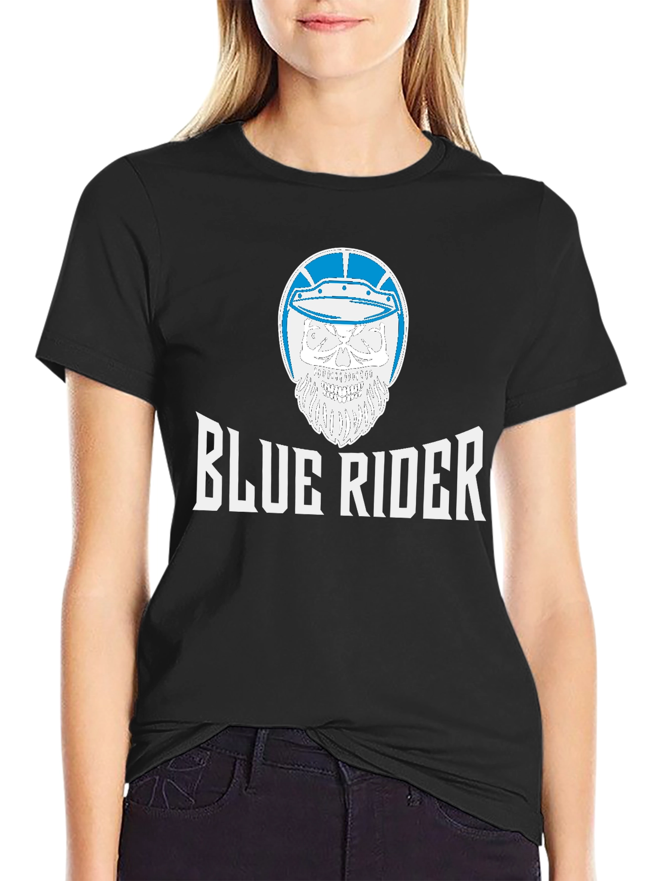 Black Blue Rider Graphic T-Shirt - Skull & Helmet Design view 2