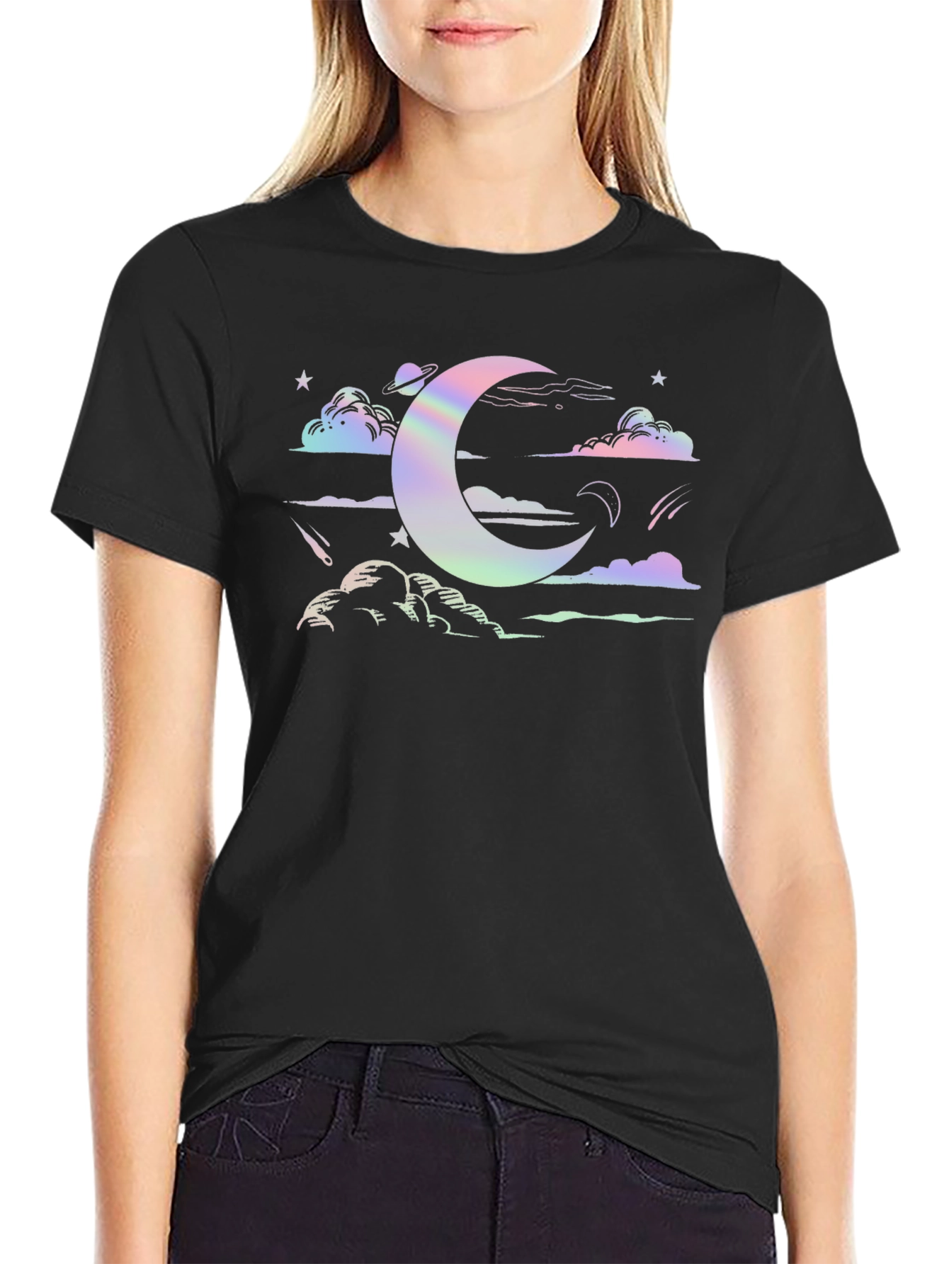 Black Celestial Moon & Stars Graphic Tee - Soft Cotton Blend view 2
