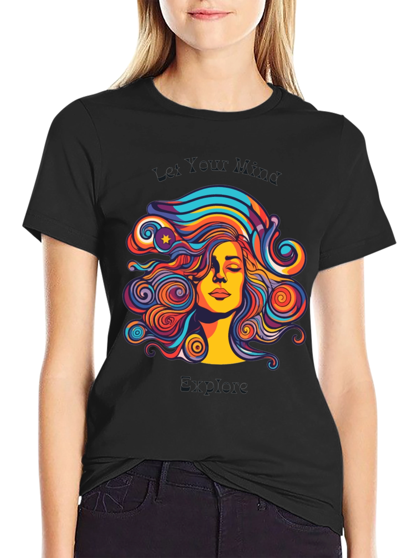 Black Psychedelic Woman Graphic Black T-Shirt view 2