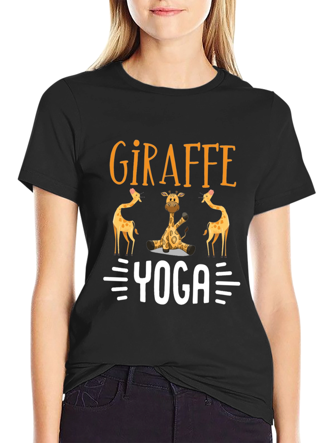 Black Giraffe Yoga Graphic T-Shirt - Unisex Black Tee view 2
