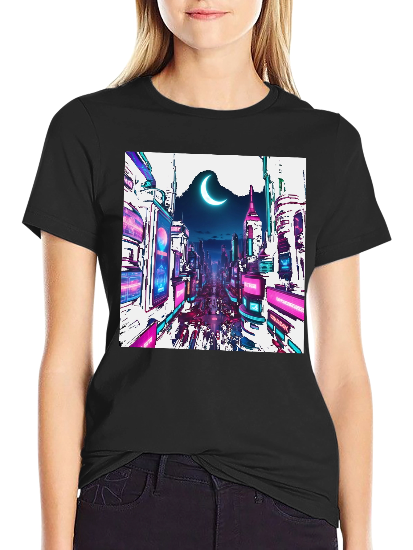 Black Cyberpunk Cityscape Graphic Tee - Crescent Moon Edition view 2