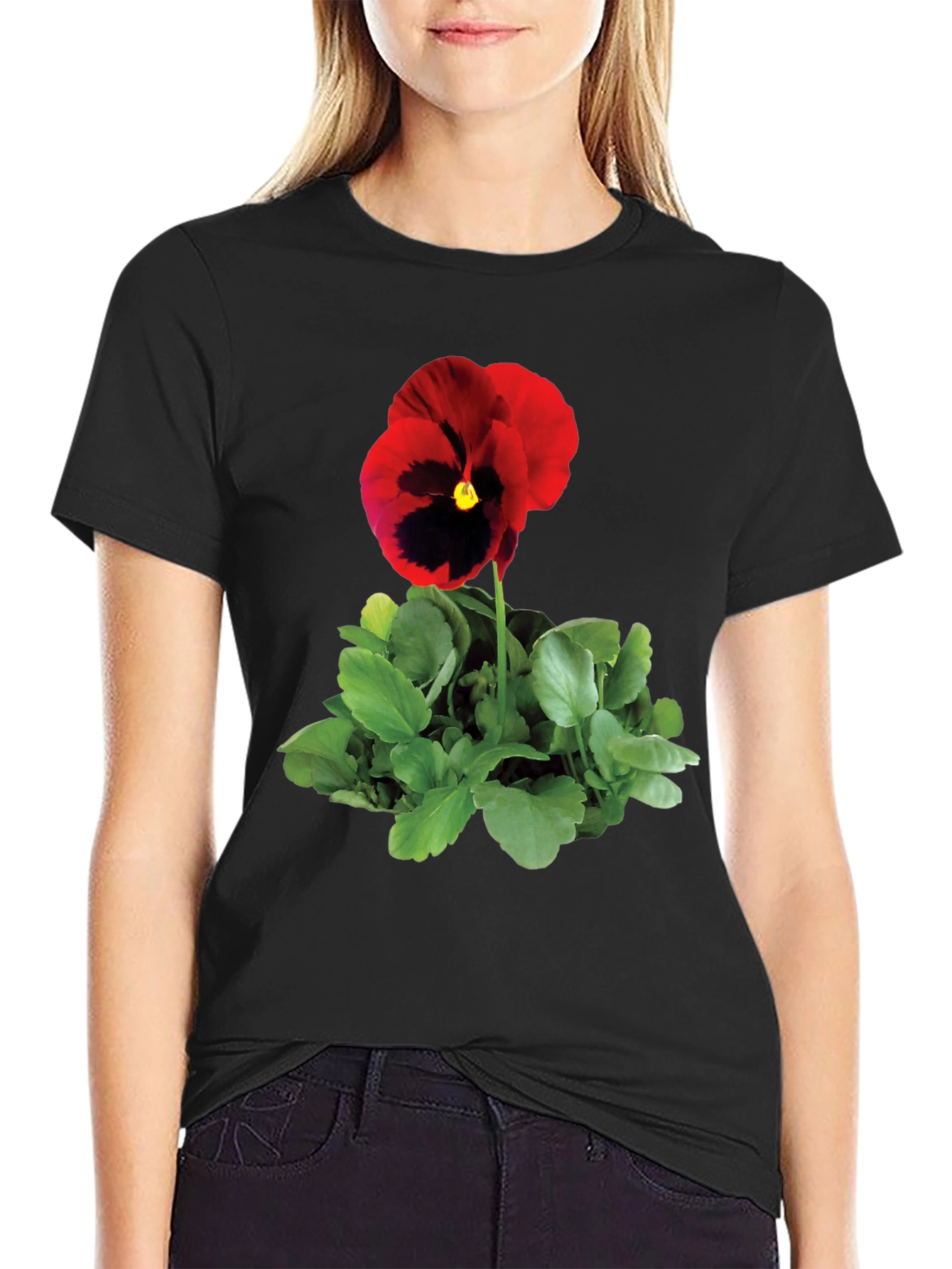 Black Pansy Flower Graphic Tee - Black Unisex T-Shirt view 2