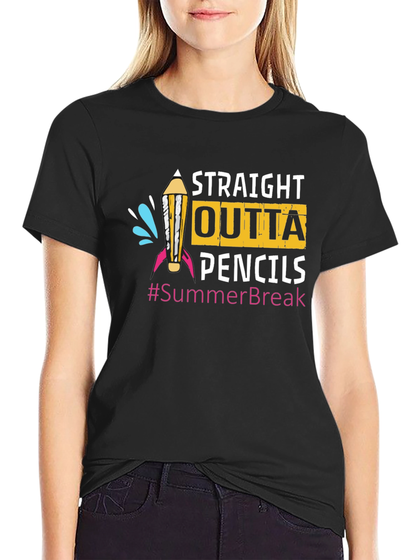 Black Straight Outta Pencils T-Shirt Summer Break Teacher view 2