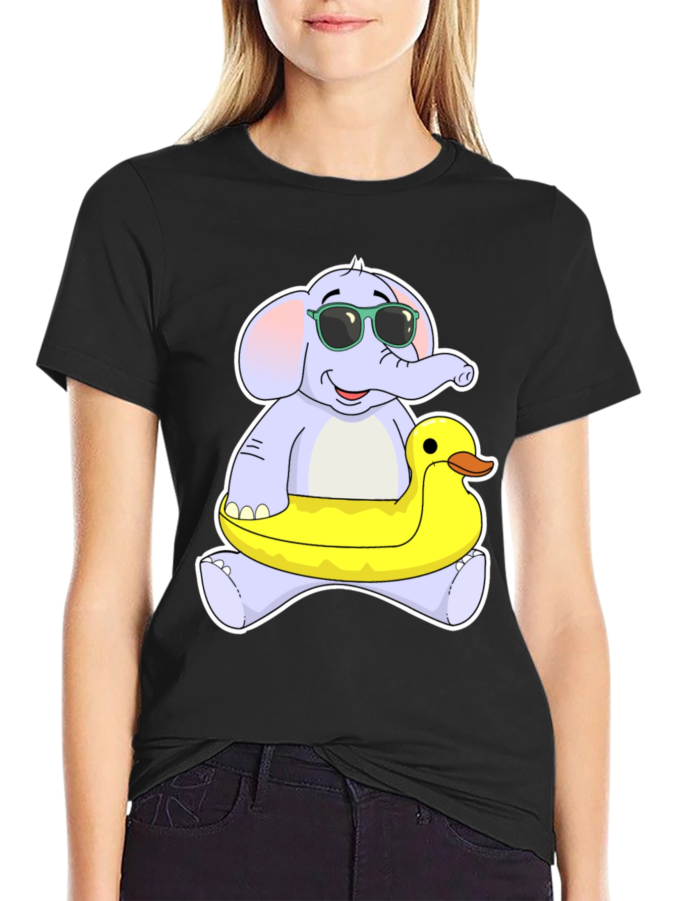 Black Elephant & Duck T-Shirt - Fun Cartoon Tee view 2