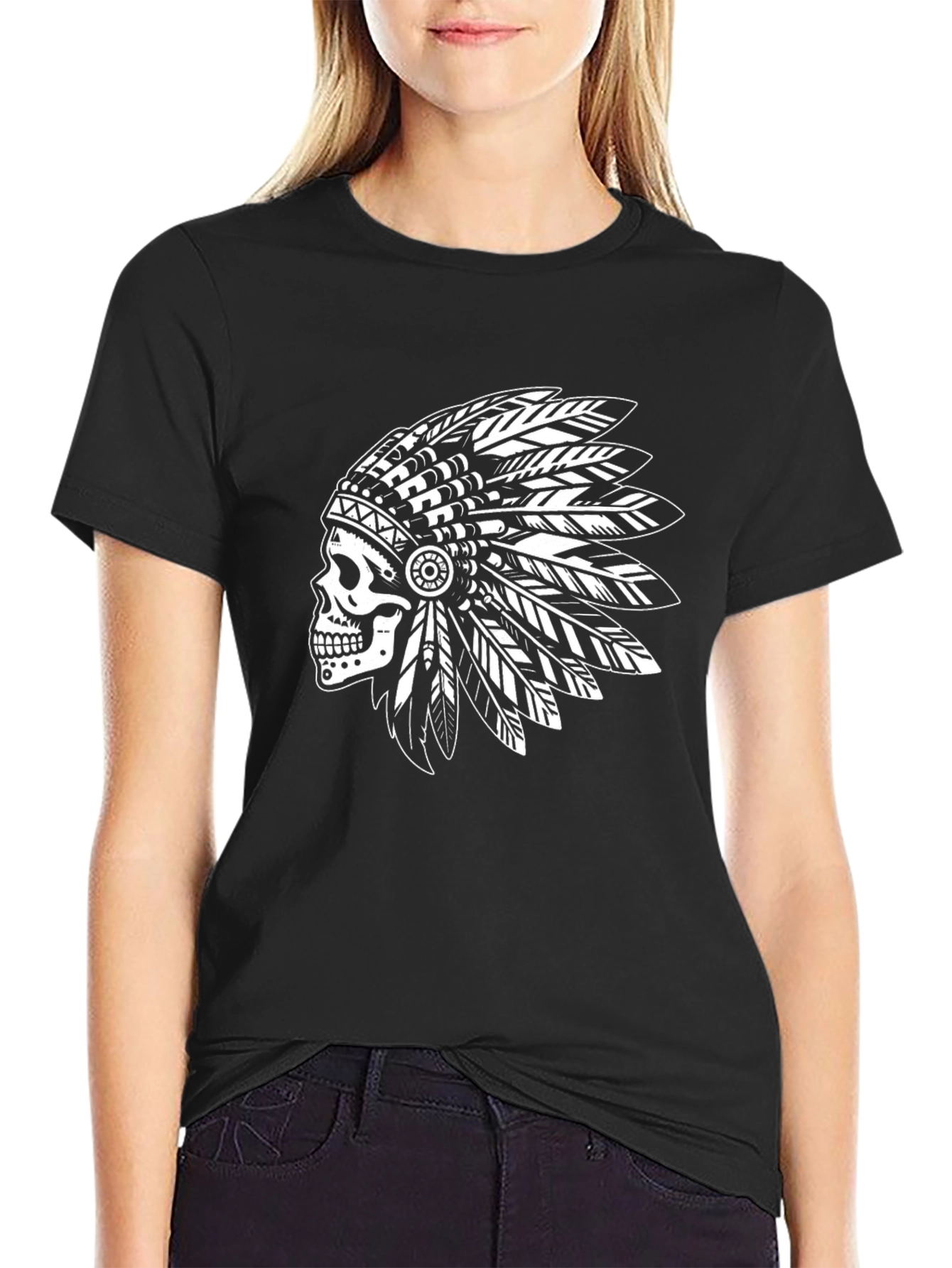 Black Skull Headdress Graphic Tee - Tribal Skeleton T-Shirt view 2