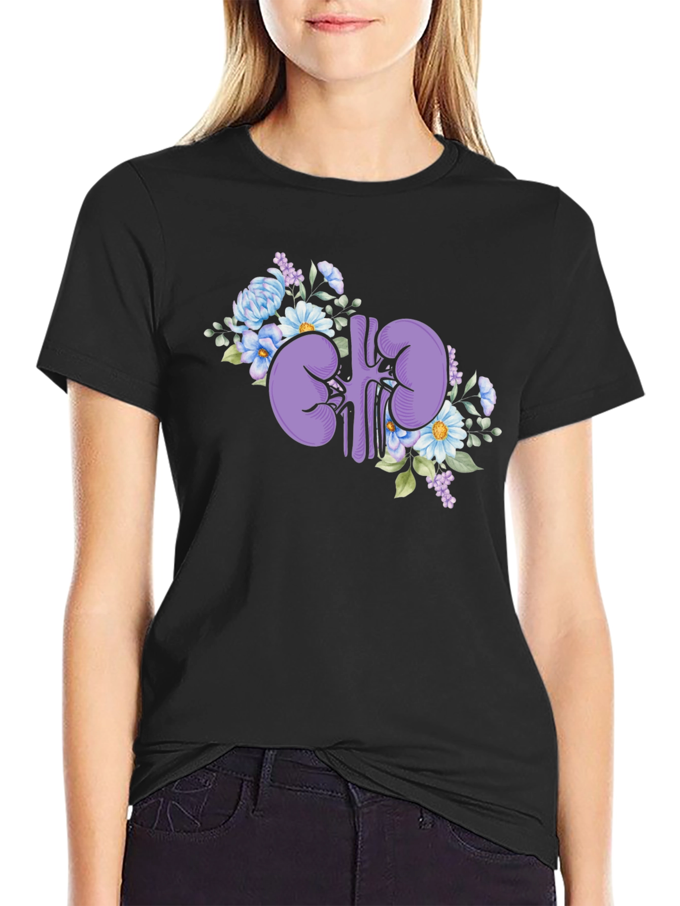 Black Floral Kidney Graphic Tee - Black Cotton T-Shirt view 2