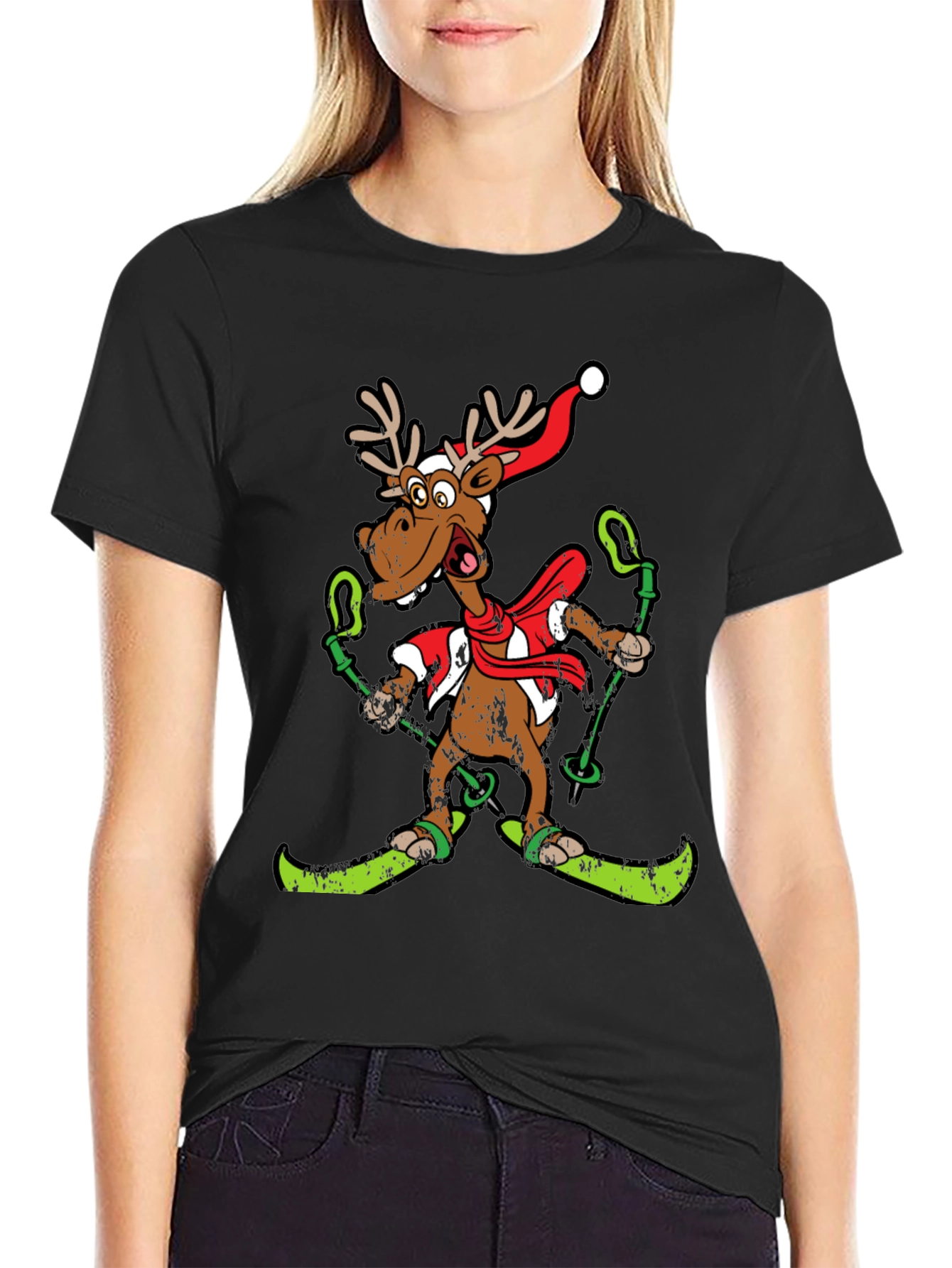 Black Funny Skiing Reindeer Christmas Graphic Tee view 2
