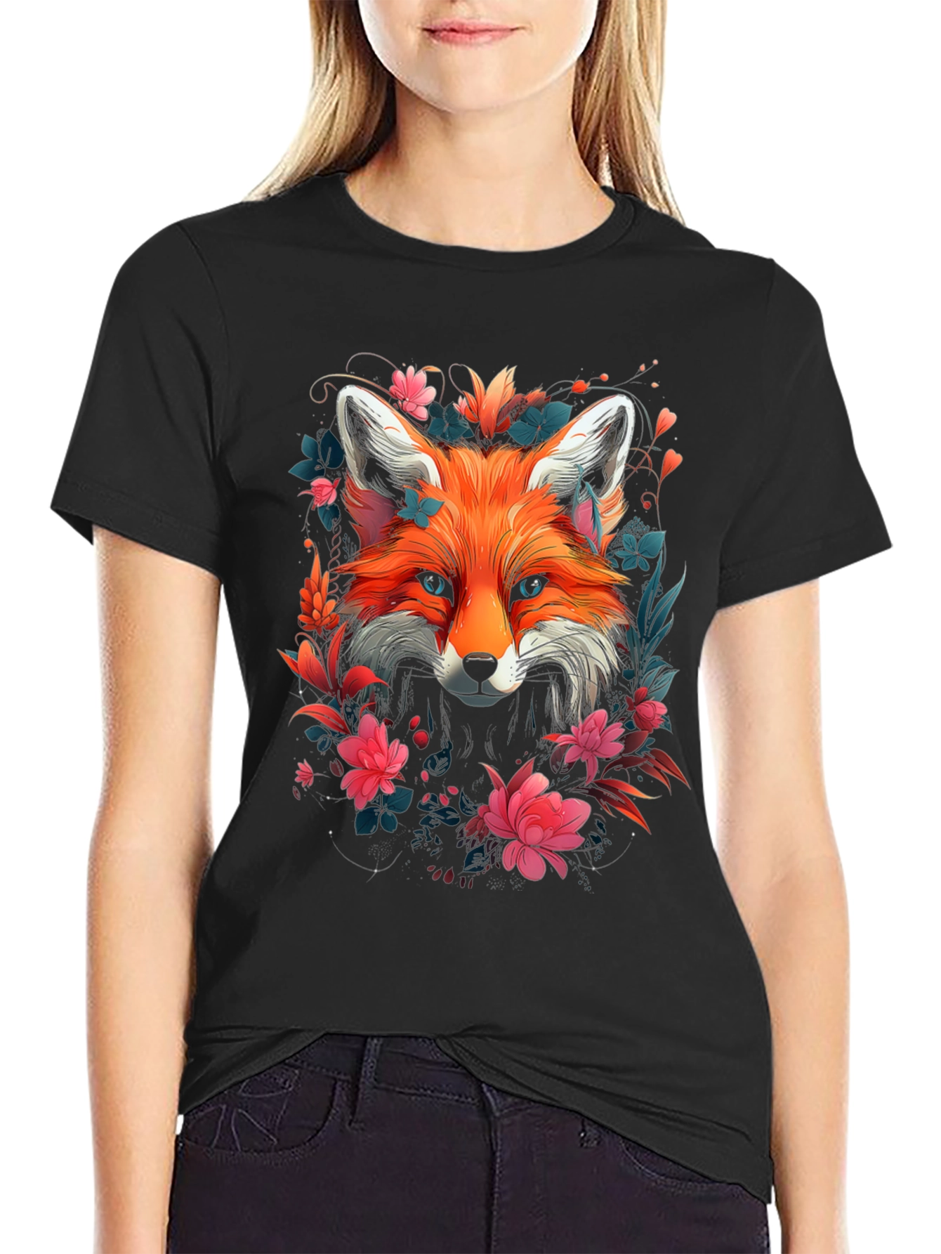 Black Floral Fox Graphic Tee - Stylish Unisex T-Shirt view 2