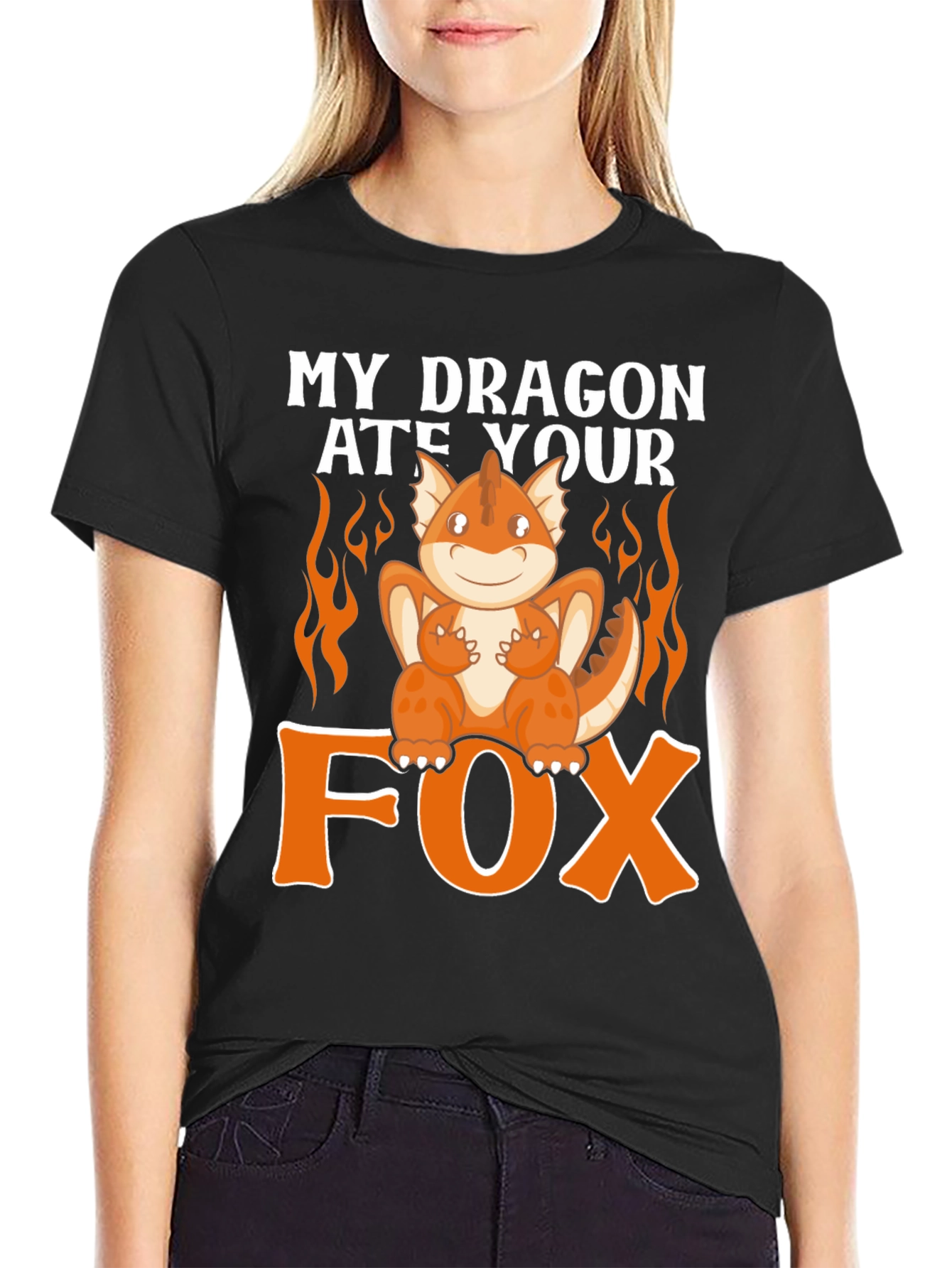 Black My Dragon Ate Your Fox Funny T-Shirt view 2