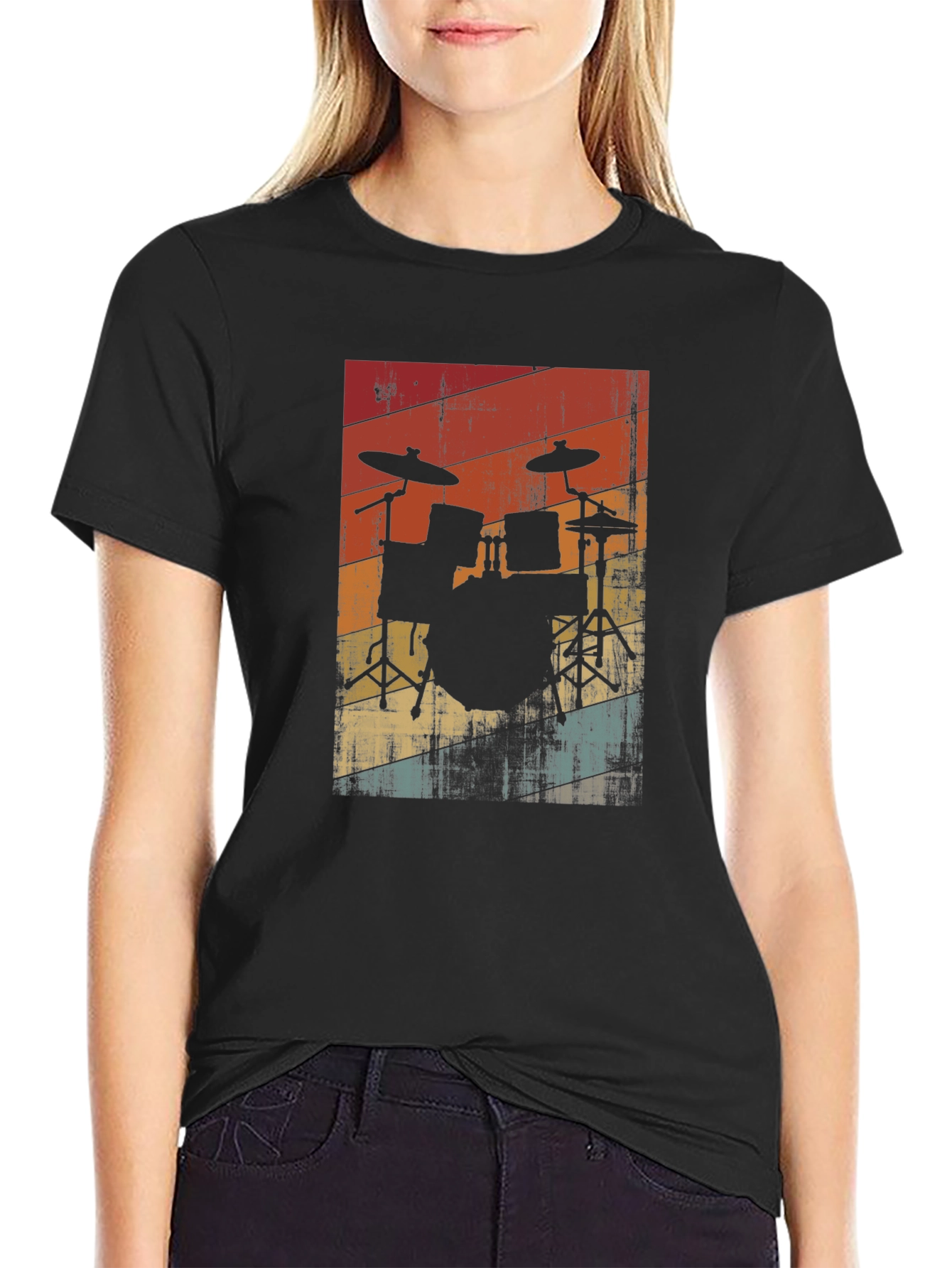 Black Retro Drum Set Graphic Tee - Black view 2