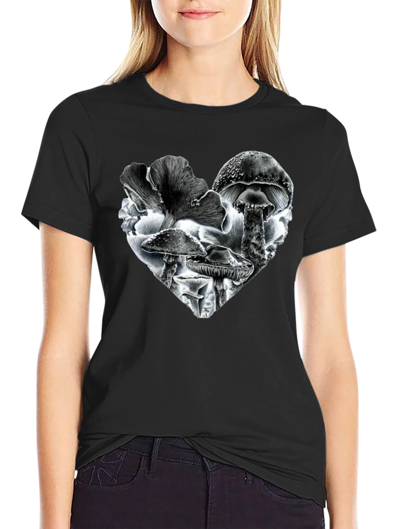 Black Mushroom Heart Black T-Shirt view 2