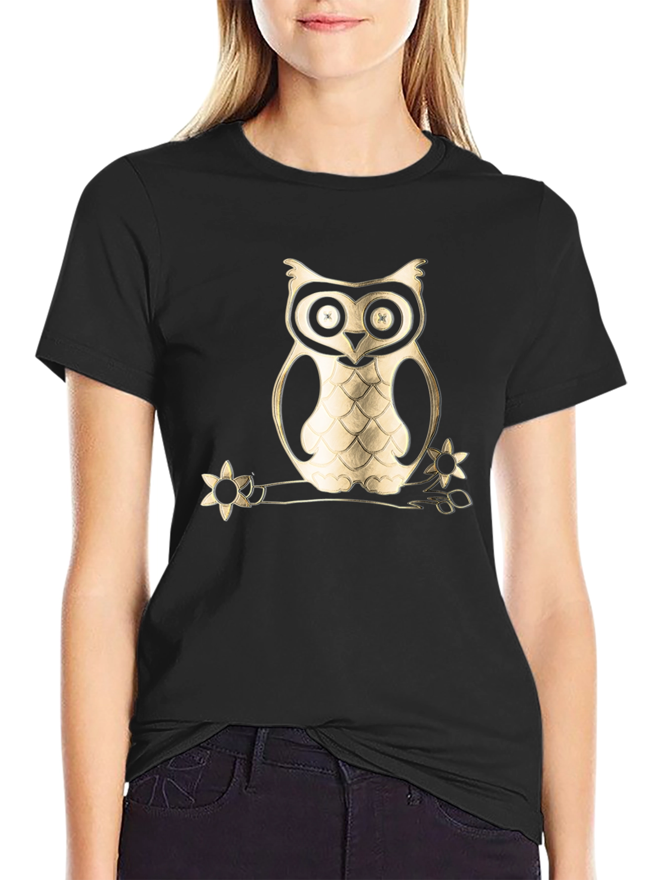 Black Owl on Branch Graphic Tee - Black Cotton Blend view 2