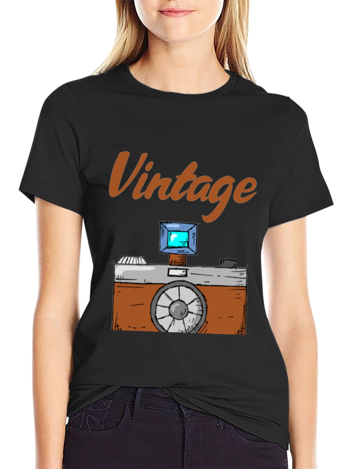 Black Vintage Camera Graphic Tee - Retro Style T-Shirt view 2
