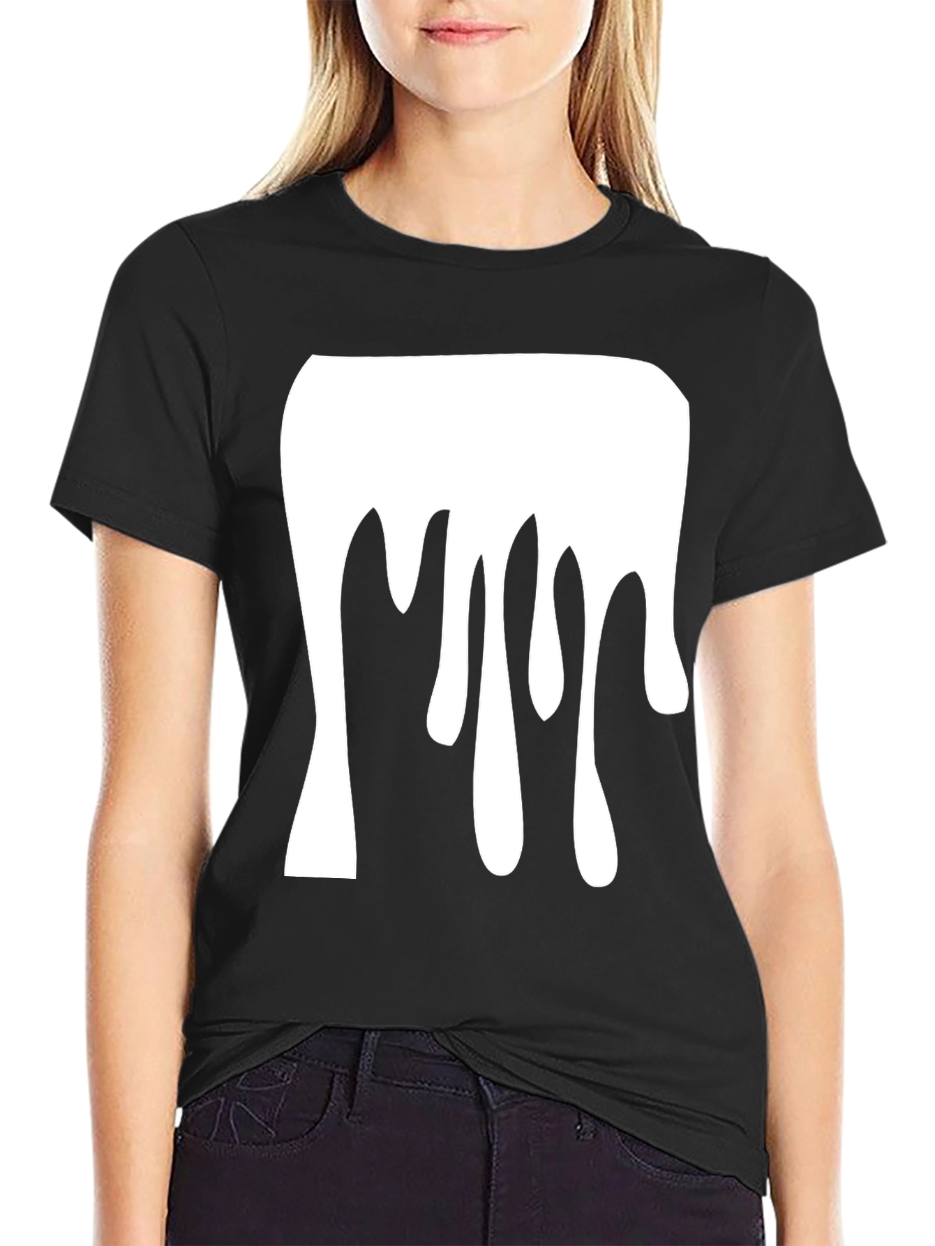 Black Dripping Paint Graphic Tee - Modern Black Cotton T-Shirt view 2