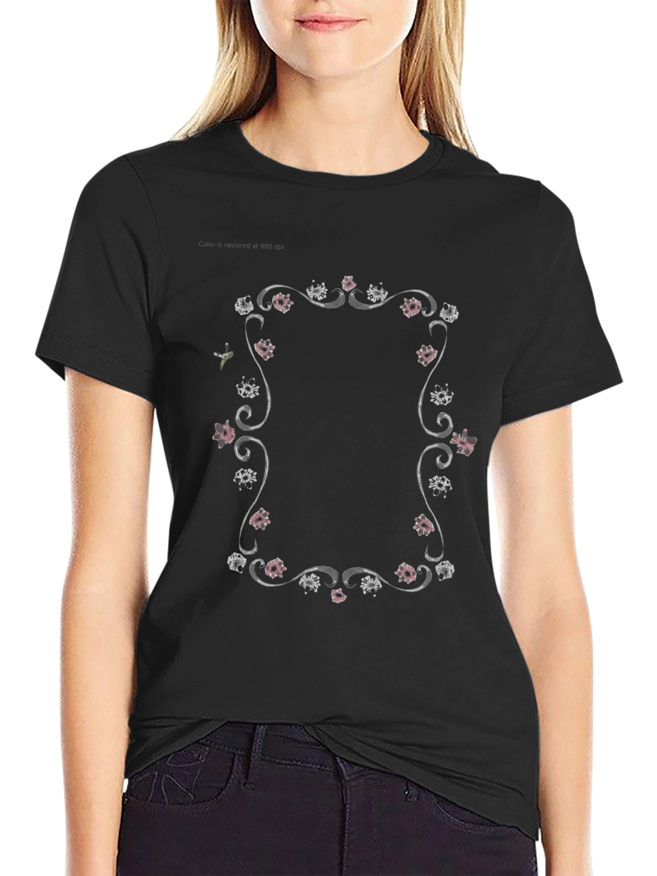 Black Floral Frame Graphic Tee - Black Unisex T-Shirt view 2