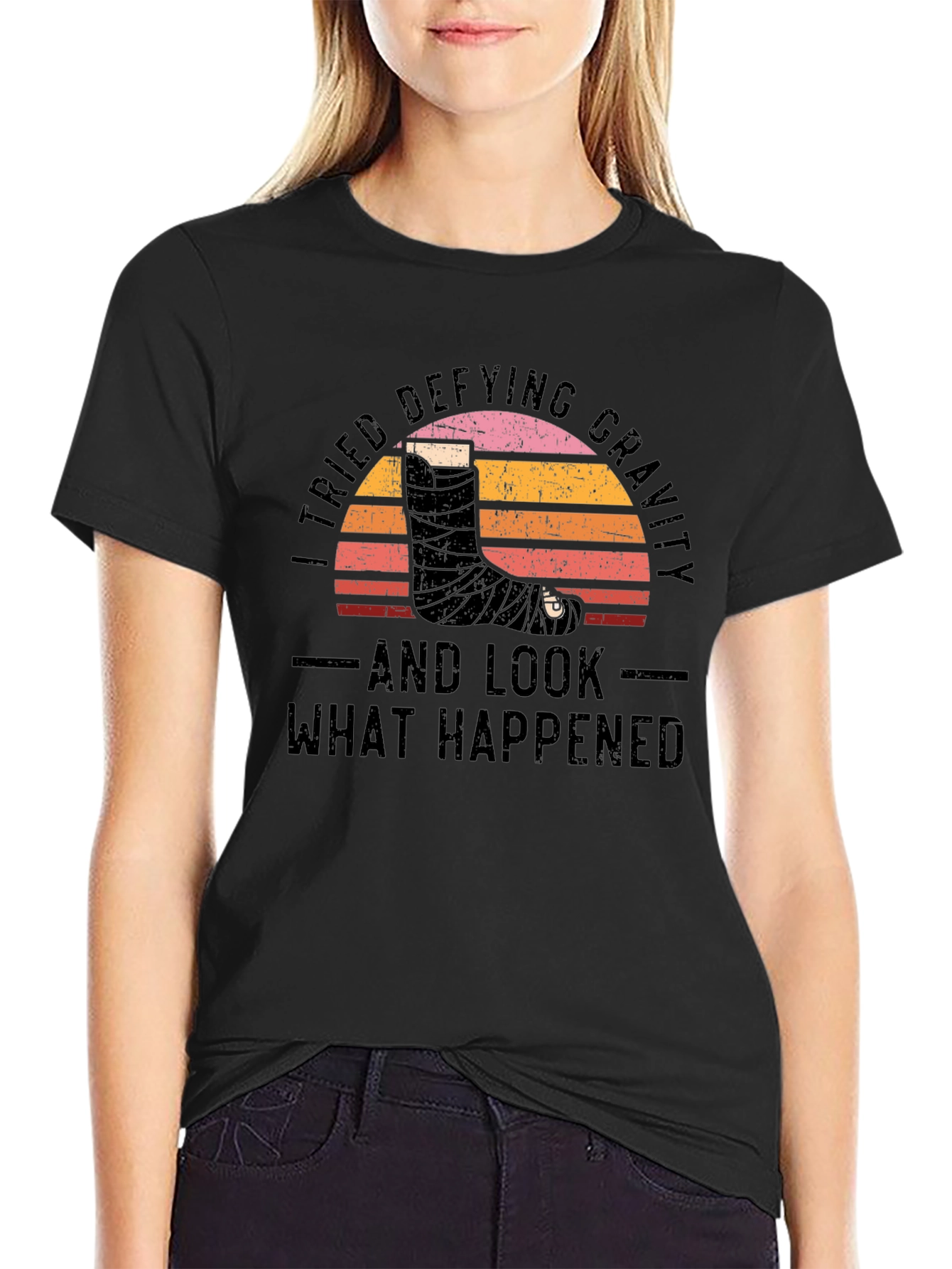 Black Defying Gravity Graphic Tee - Broken Leg Humor view 2