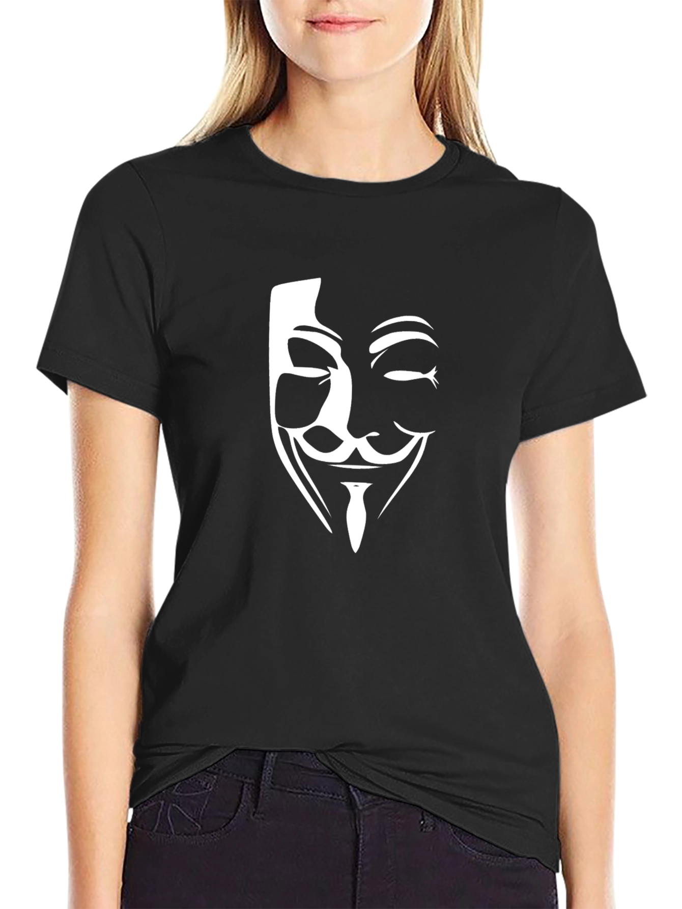 Black Anonymous Mask Graphic Tee - Black Crew Neck T-Shirt view 2