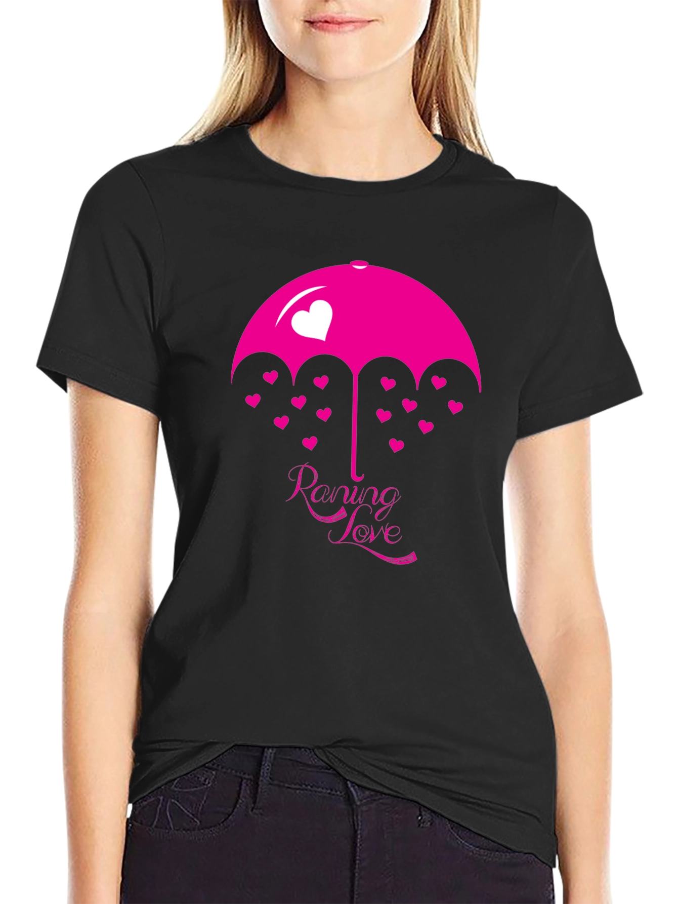 Black Raining Love Graphic Print Black T-Shirt view 2
