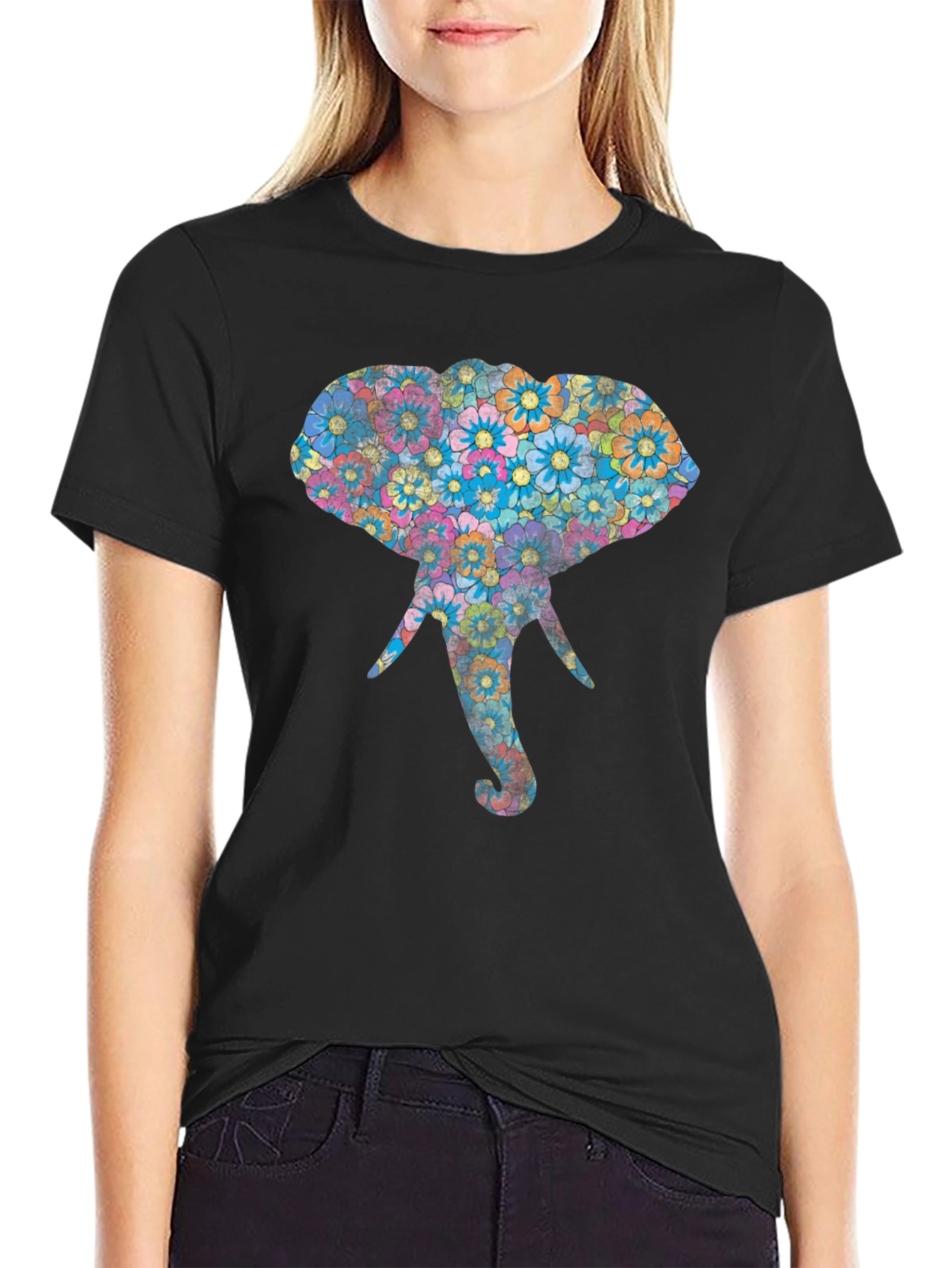 Black Floral Elephant Graphic Print Black T-Shirt view 2