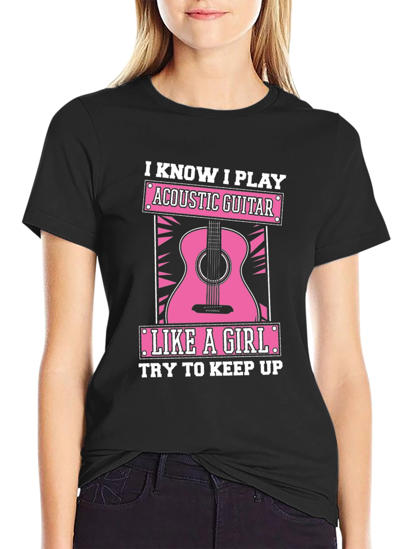 Black Acoustic Guitar Like a Girl Black T-Shirt view 2