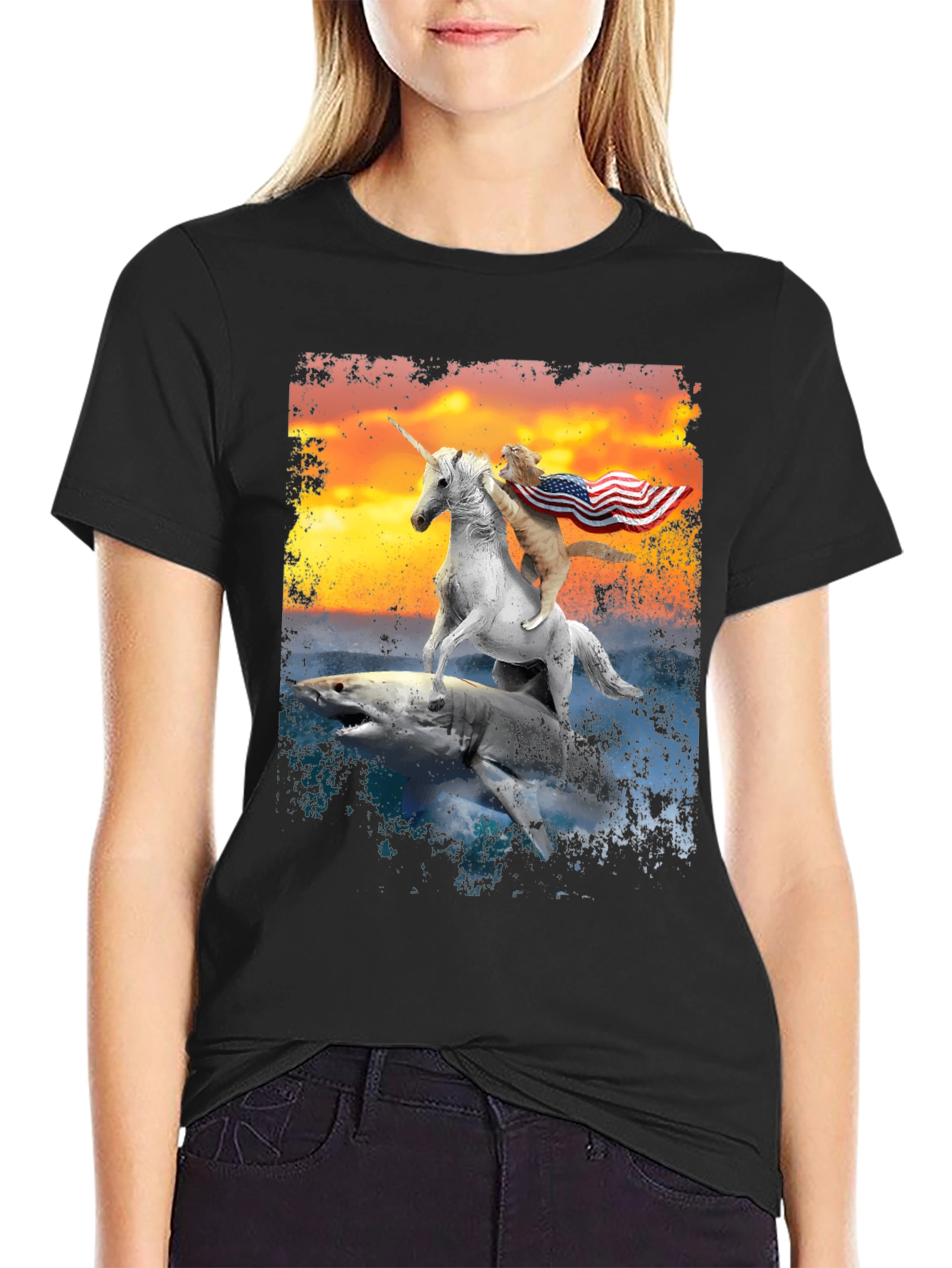 Black Cat Riding Unicorn on Shark T-Shirt view 2