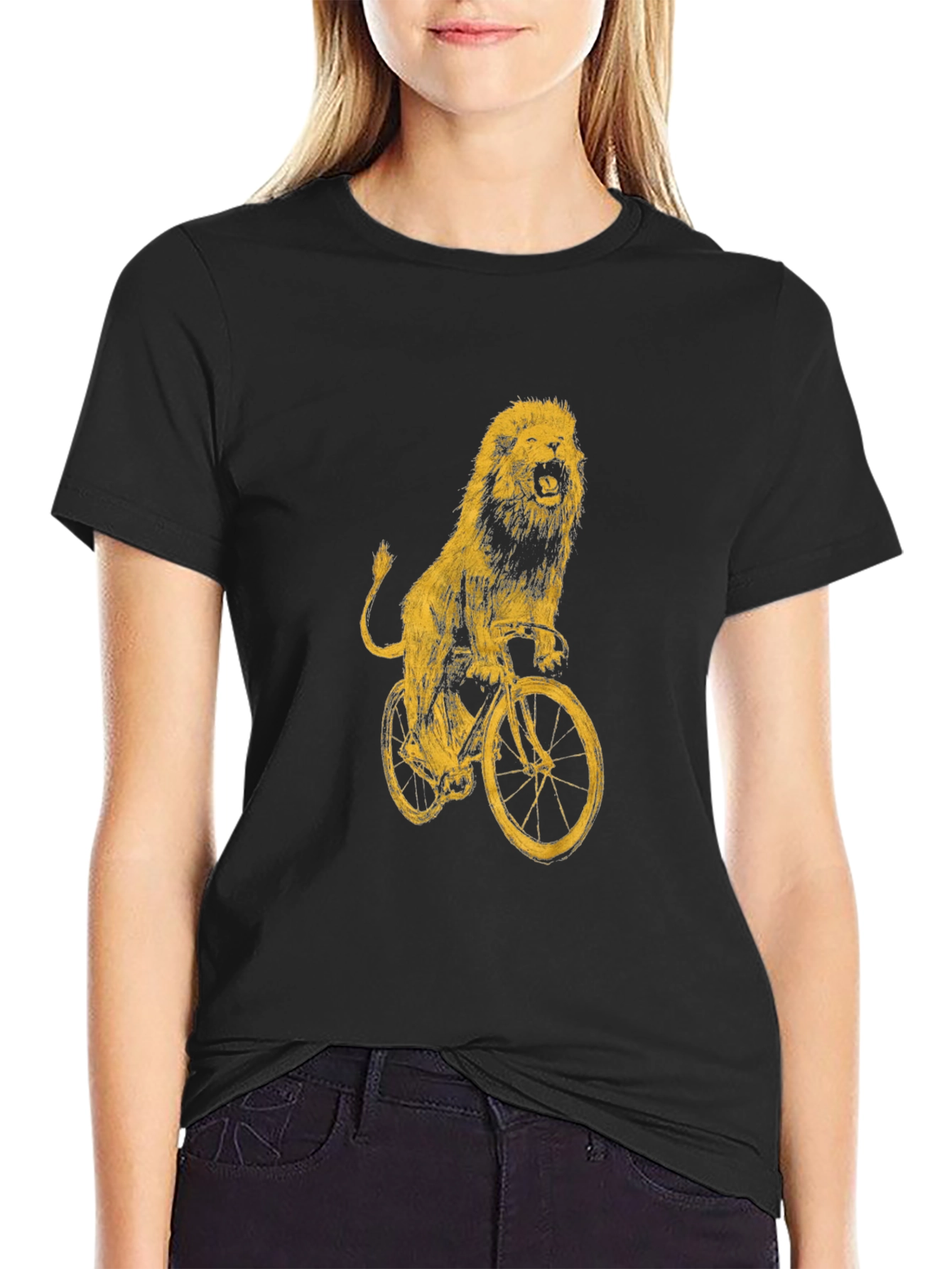 Black Lion on Bike Graphic Tee - Black Cotton T-Shirt view 2