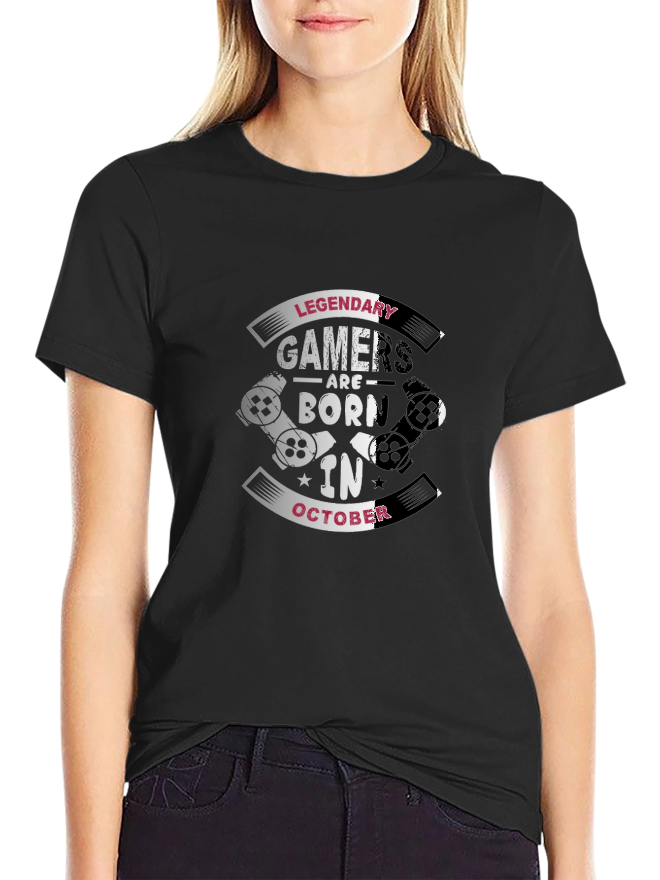 Black Legendary Gamers Born in October Black T-Shirt view 2