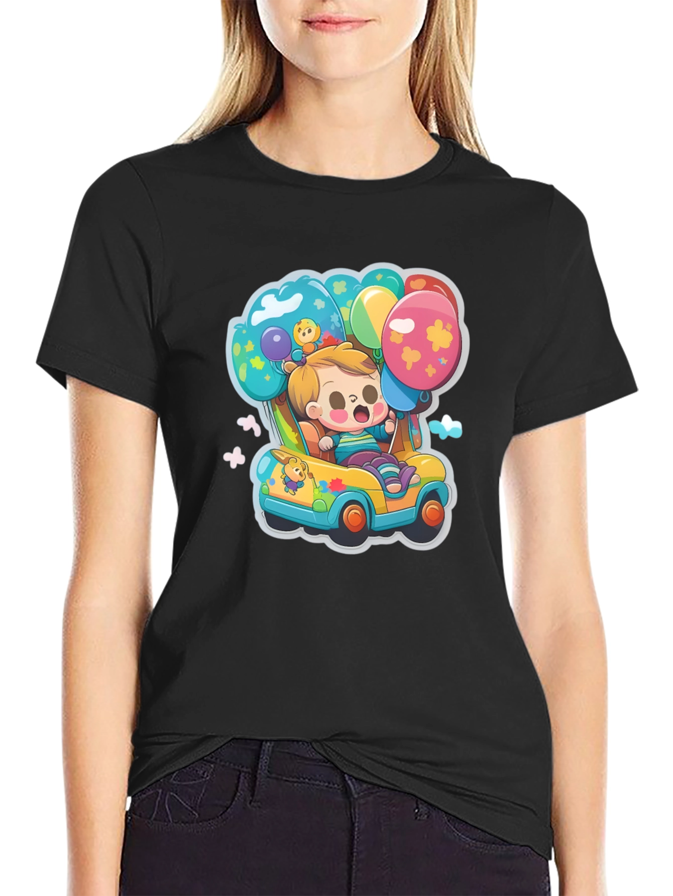 Black Cartoon Car & Balloons Graphic T-Shirt view 2