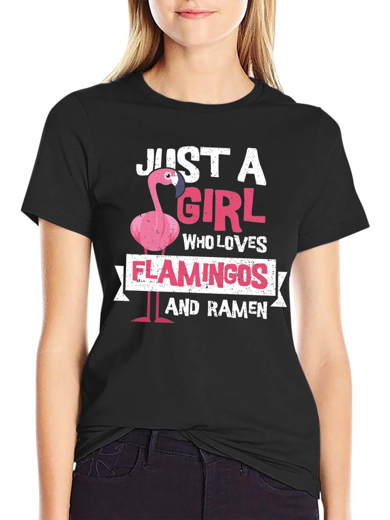 Black Just A Girl Who Loves Flamingos and Ramen T-Shirt view 2